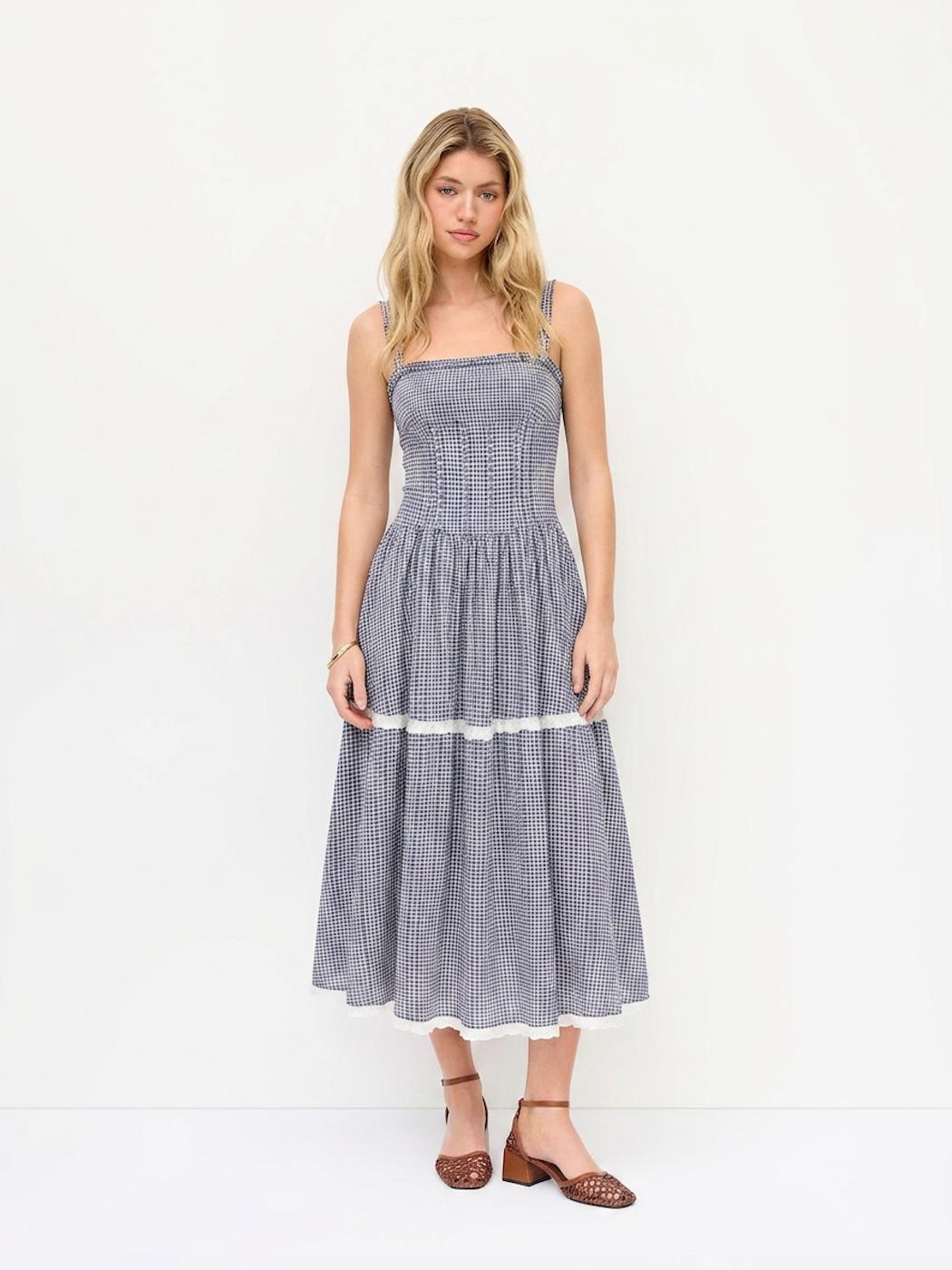 Cotton-blend Gingham Square Neck Ruched Lace Trim Flared Maxi Dress by CIDER