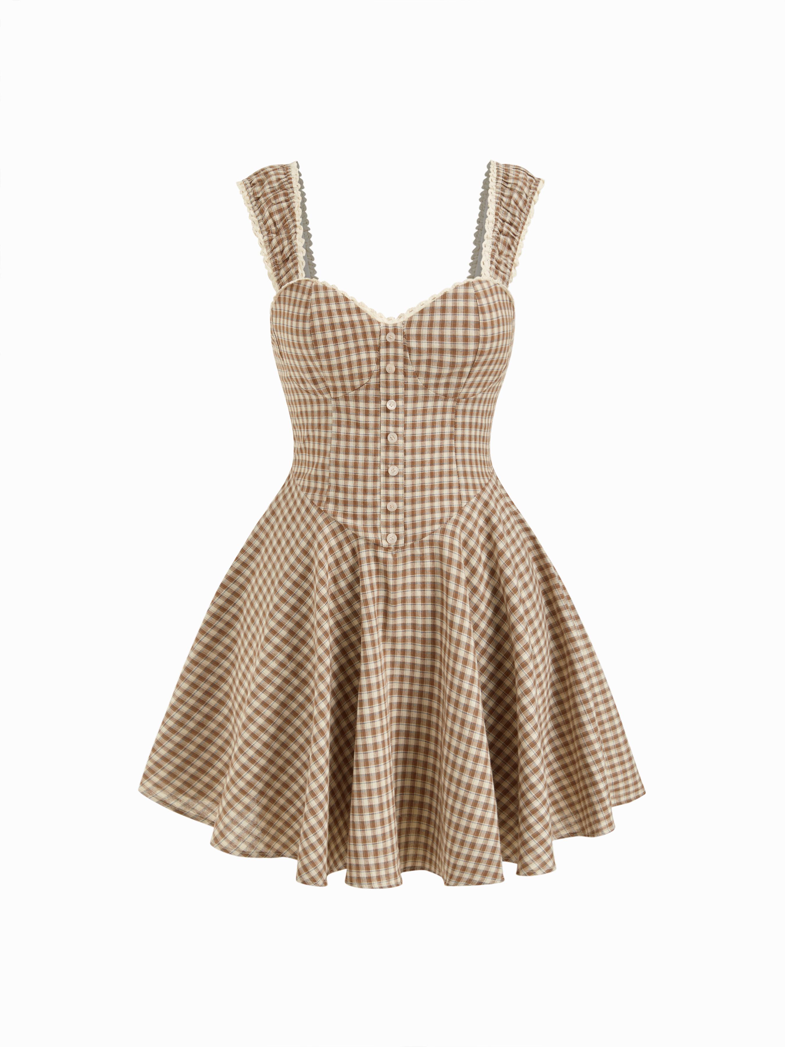 Cotton-blend Gingham Sweetheart Neck Lace Panel Mini Dress by CIDER