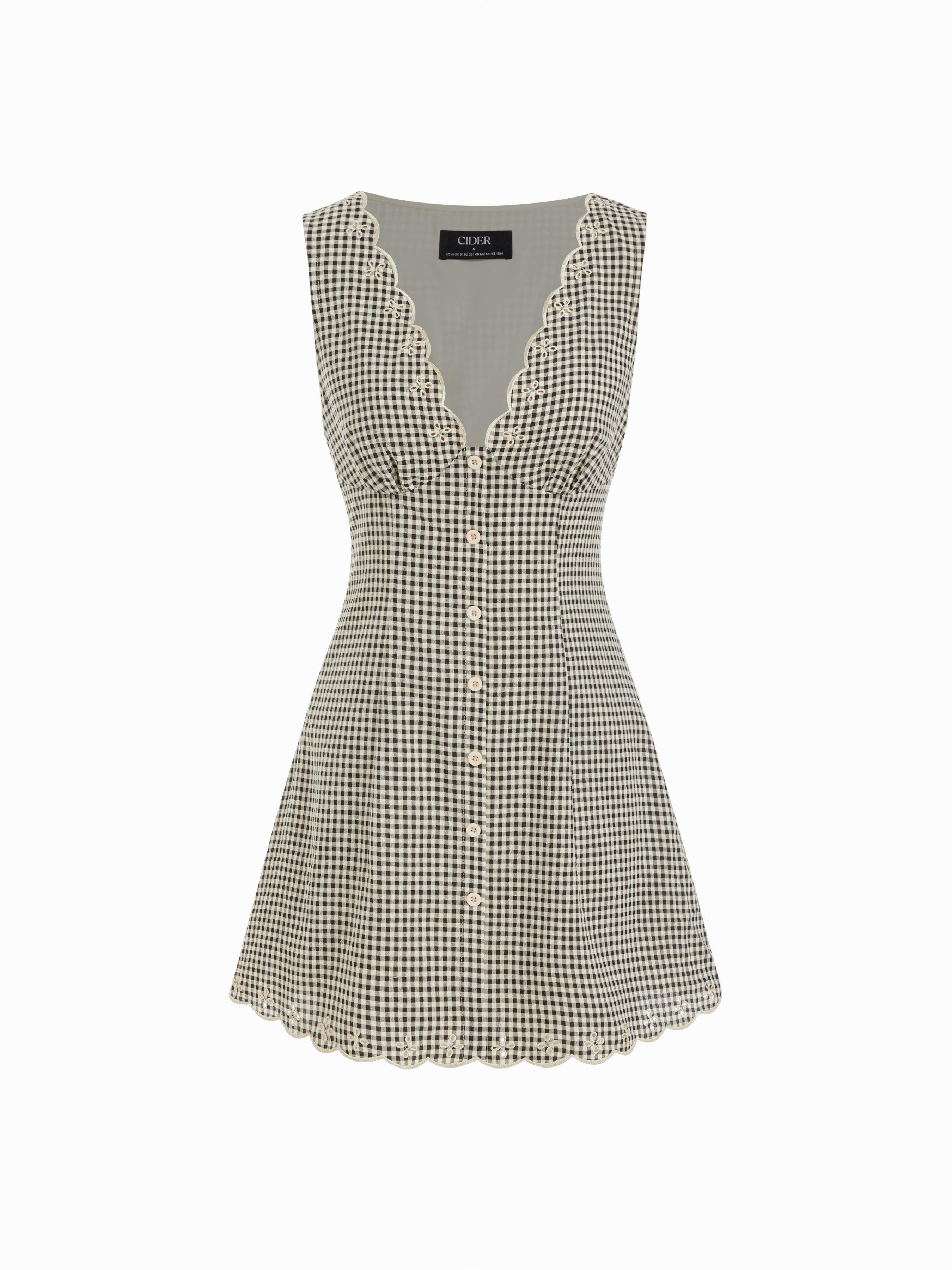 Cotton-blend Gingham V-neck Scallop Hem A-line Mini Dress by CIDER
