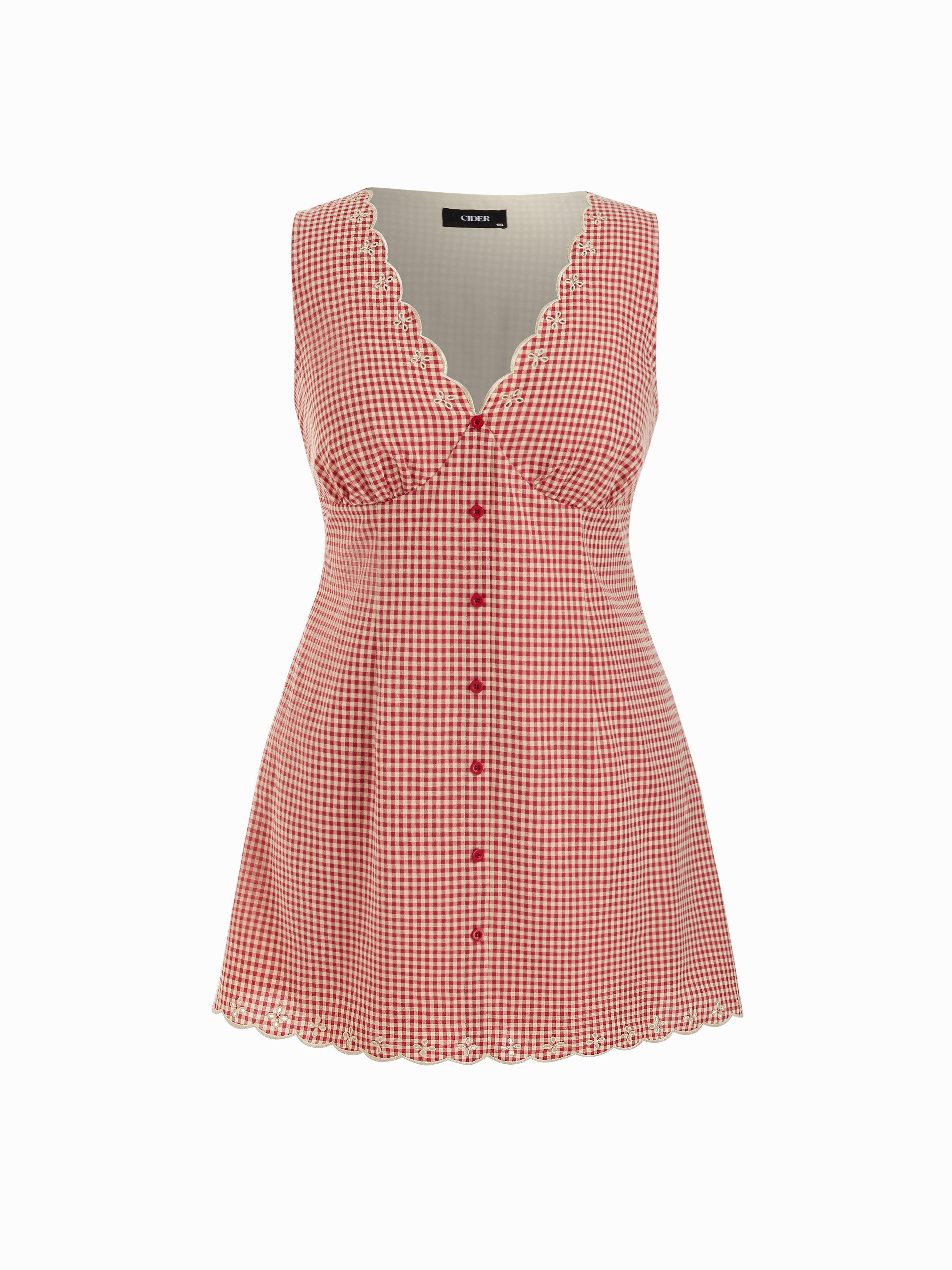 Cotton-blend Gingham V-neck Scallop Hem A-line Mini Dress Curve & Plus by CIDER