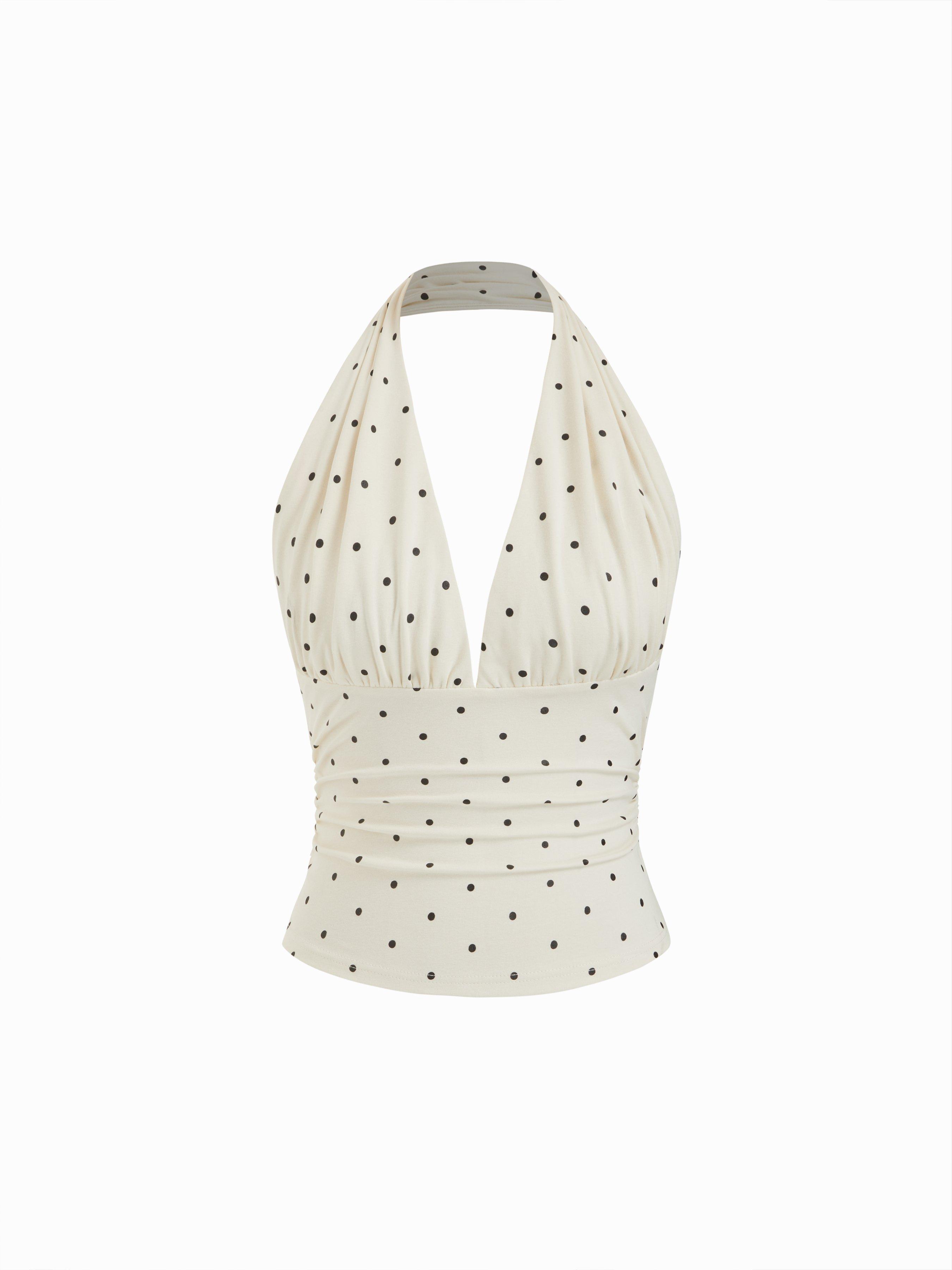 Cotton-blend Halter Cowl Neck Polka Dot Ruched Top by CIDER