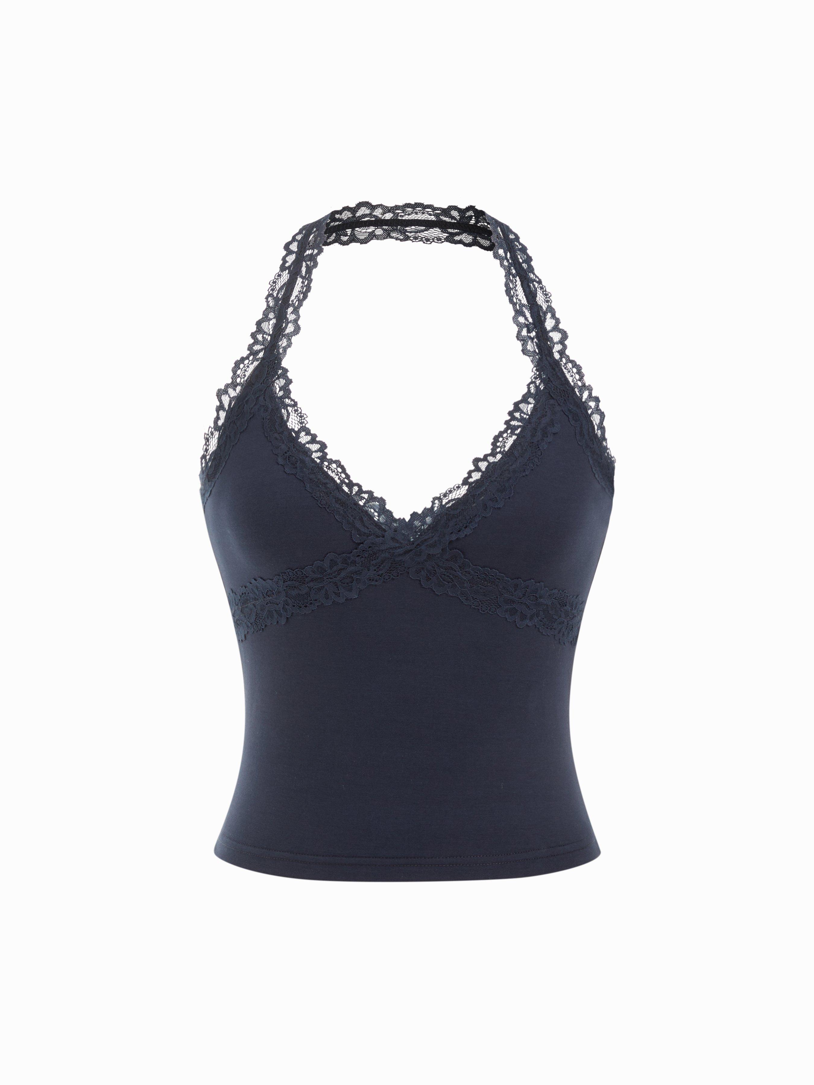 Cotton-blend Halter Neck Lace Trim Slim Cami Top by CIDER