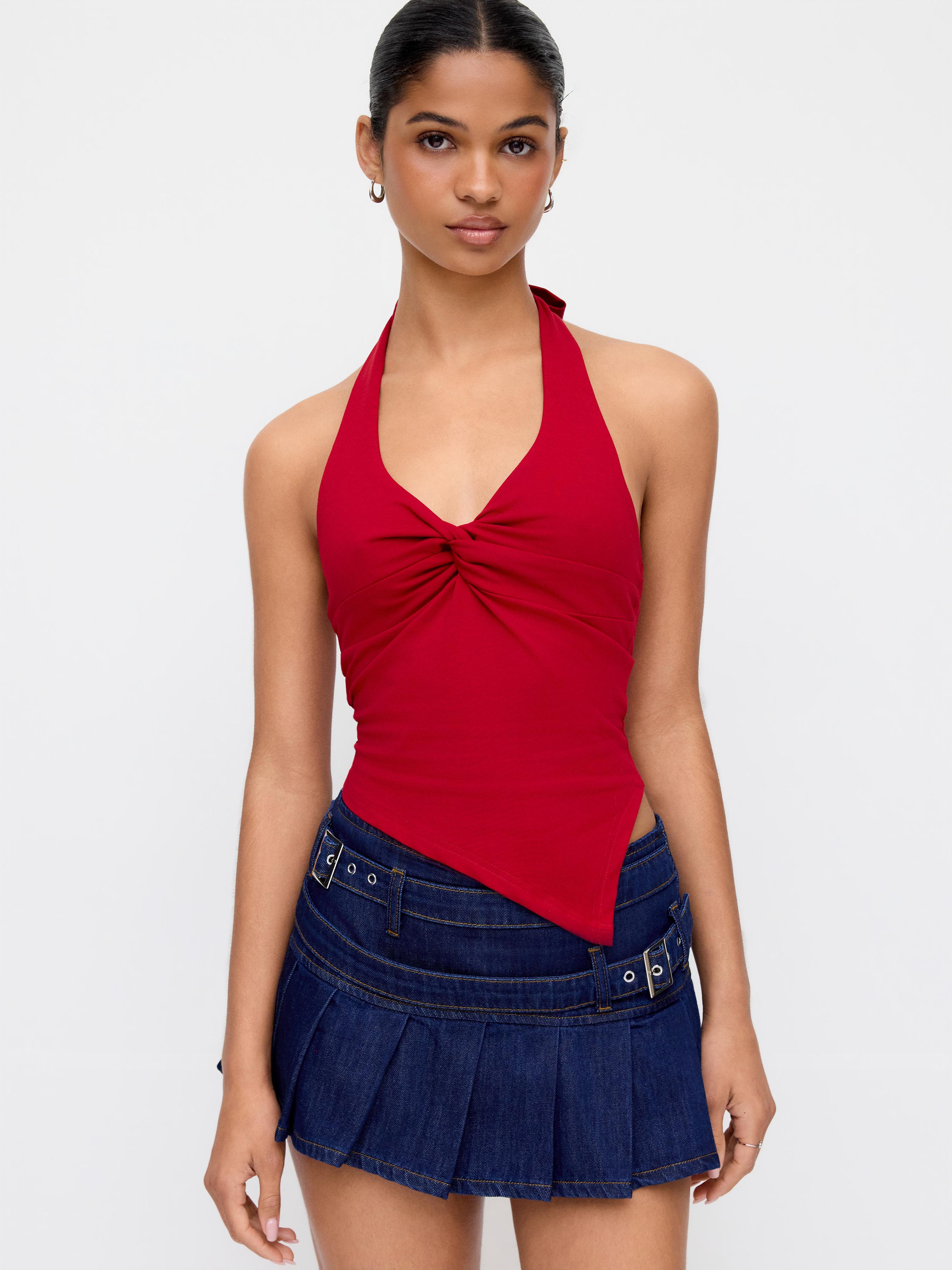 Cotton-blend Halter Neck Ruched Asymmetrical Hem Top by CIDER