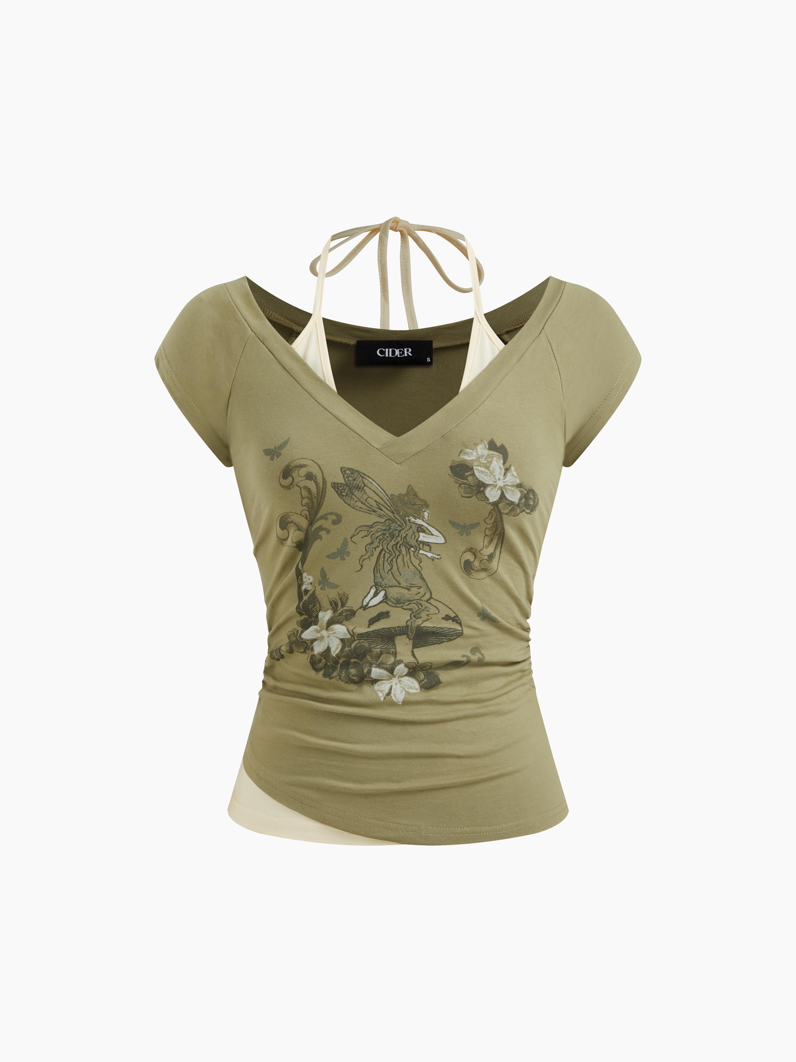 Cotton-blend Halter Neckline Graphic Two Tone Ruched Top by CIDER
