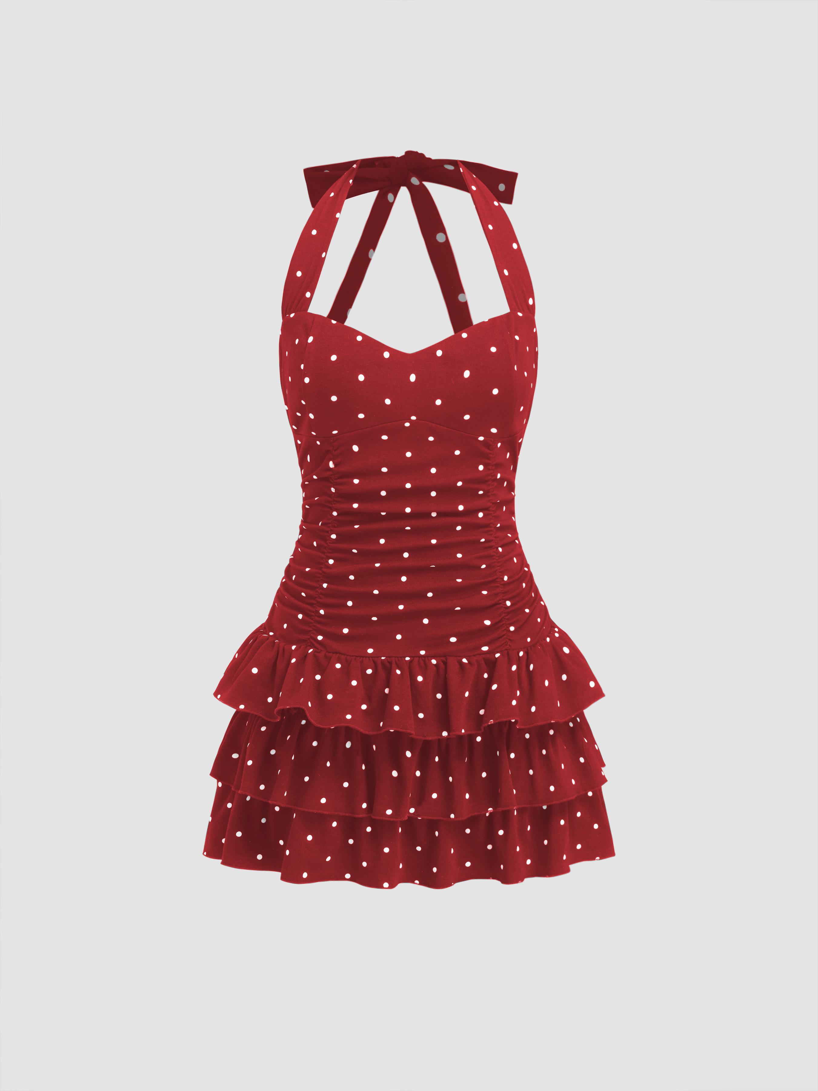 Cotton-blend Halter Neckline Polka Dot Ruched Layered Mini Dress by CIDER Cotton-blend Halter Neckline Polka Dot Ruched Layered Mini Dress by CIDER