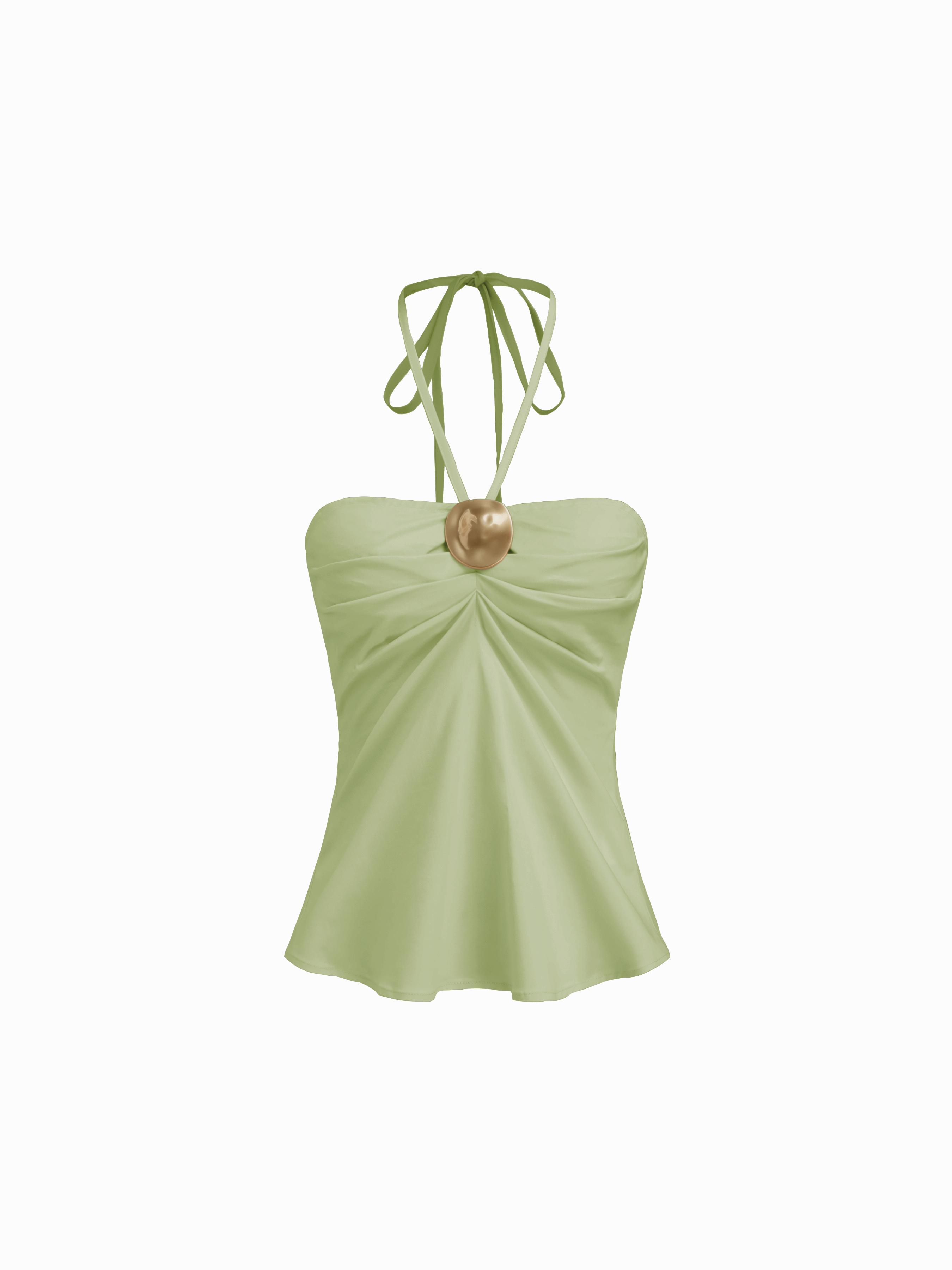 Cotton-blend Halter Neckline Ruched Metal Detail Shirred Top by CIDER
