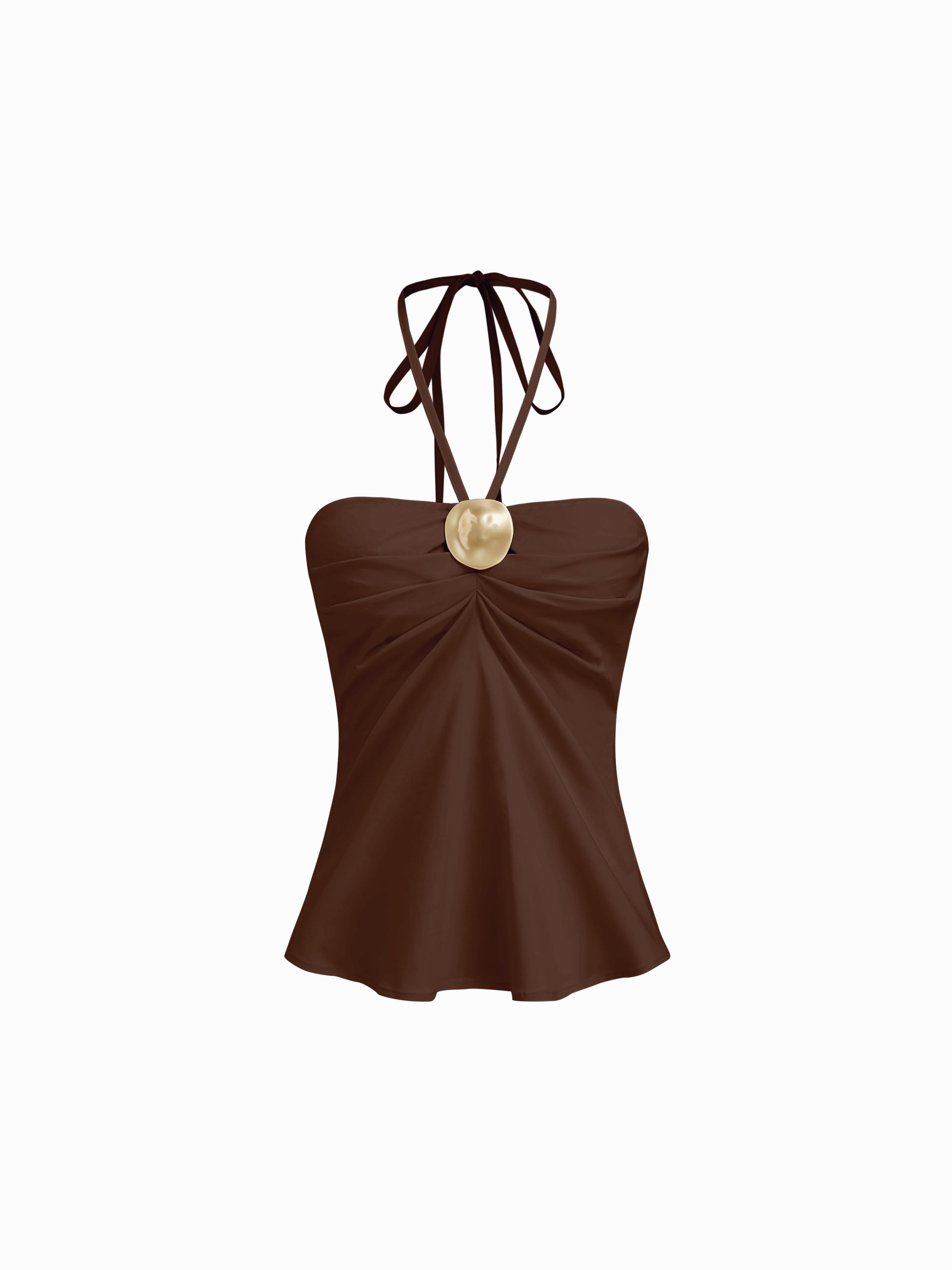 Cotton-blend Halter Neckline Ruched Metal Detail Shirred Top by CIDER Cotton-blend Halter Neckline Ruched Metal Detail Shirred Top by CIDER