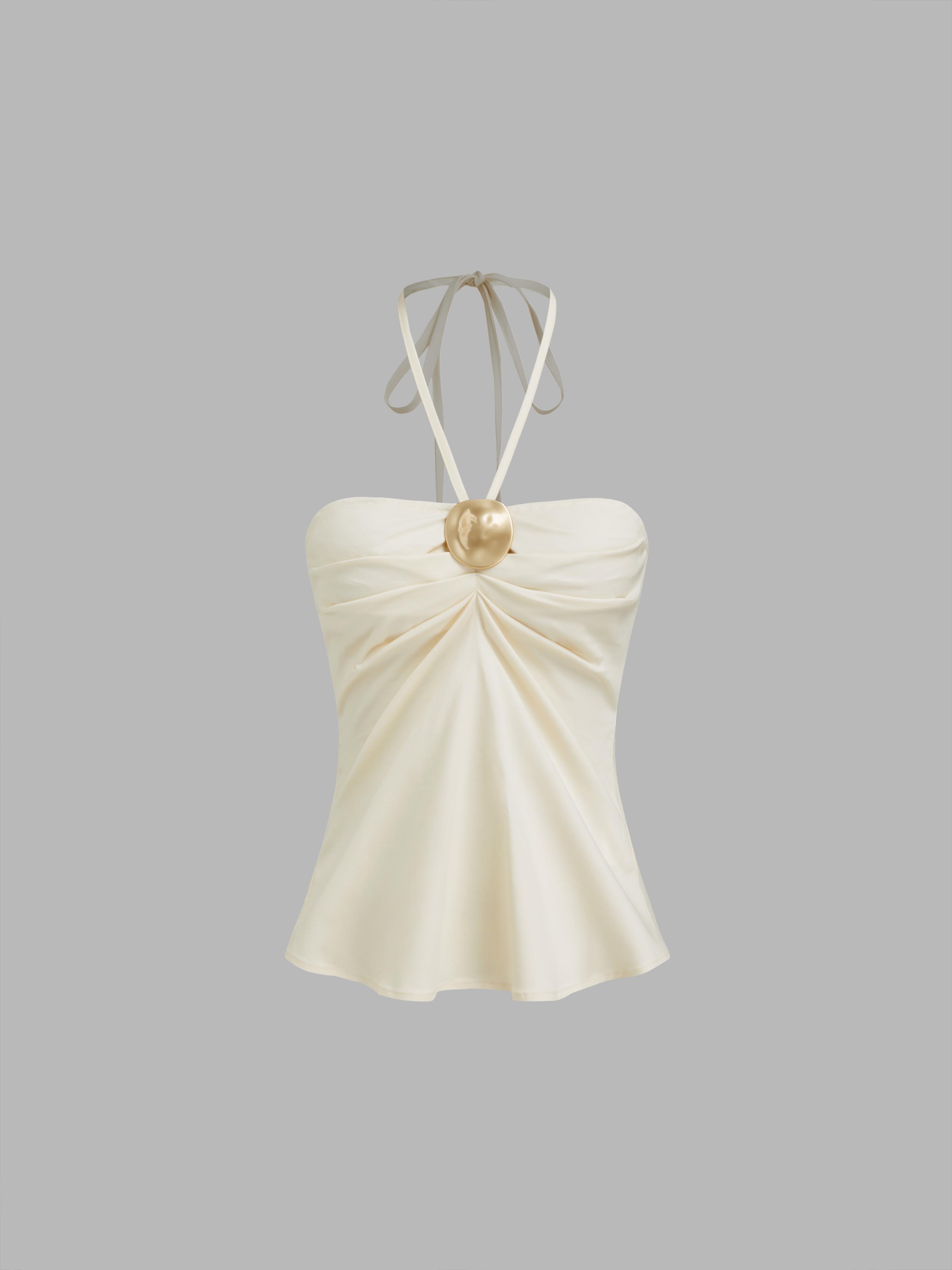 Cotton-blend Halter Neckline Ruched Metal Detail Shirred Top by CIDER