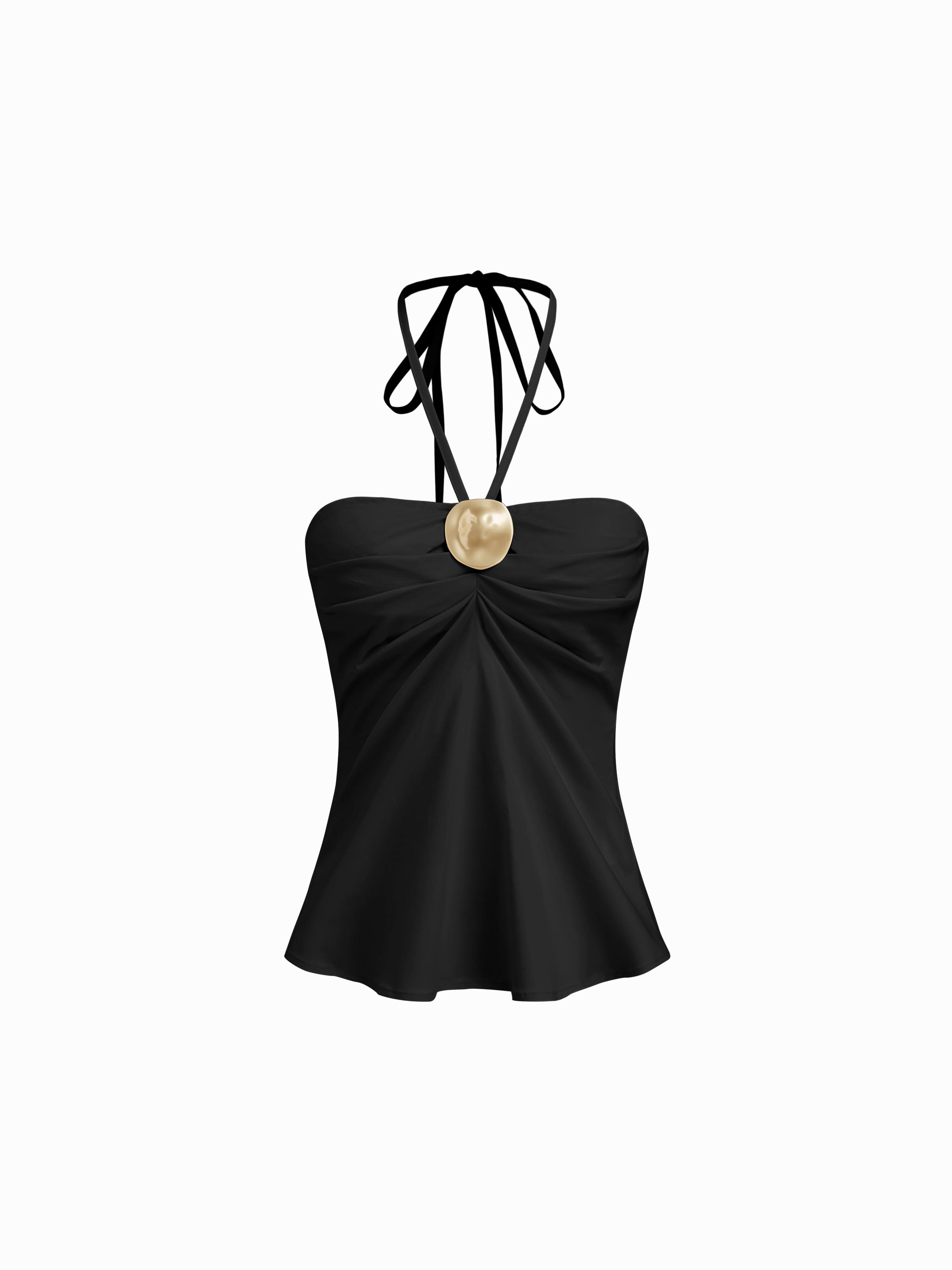 Cotton-blend Halter Neckline Ruched Metal Detail Shirred Top by CIDER