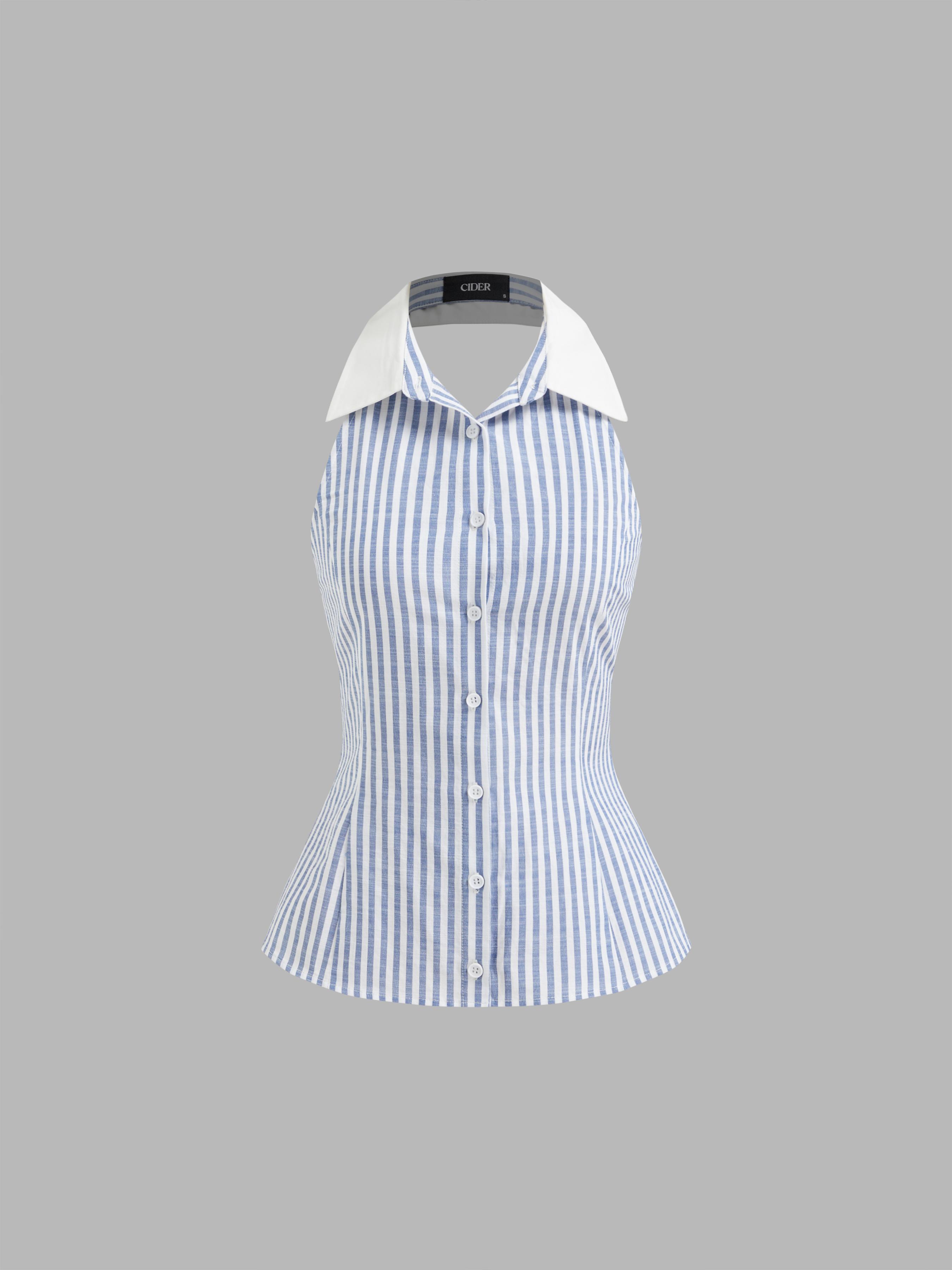 Cotton-blend Halter Neckline Stripe Backless Top by CIDER Cotton-blend Halter Neckline Stripe Backless Top by CIDER