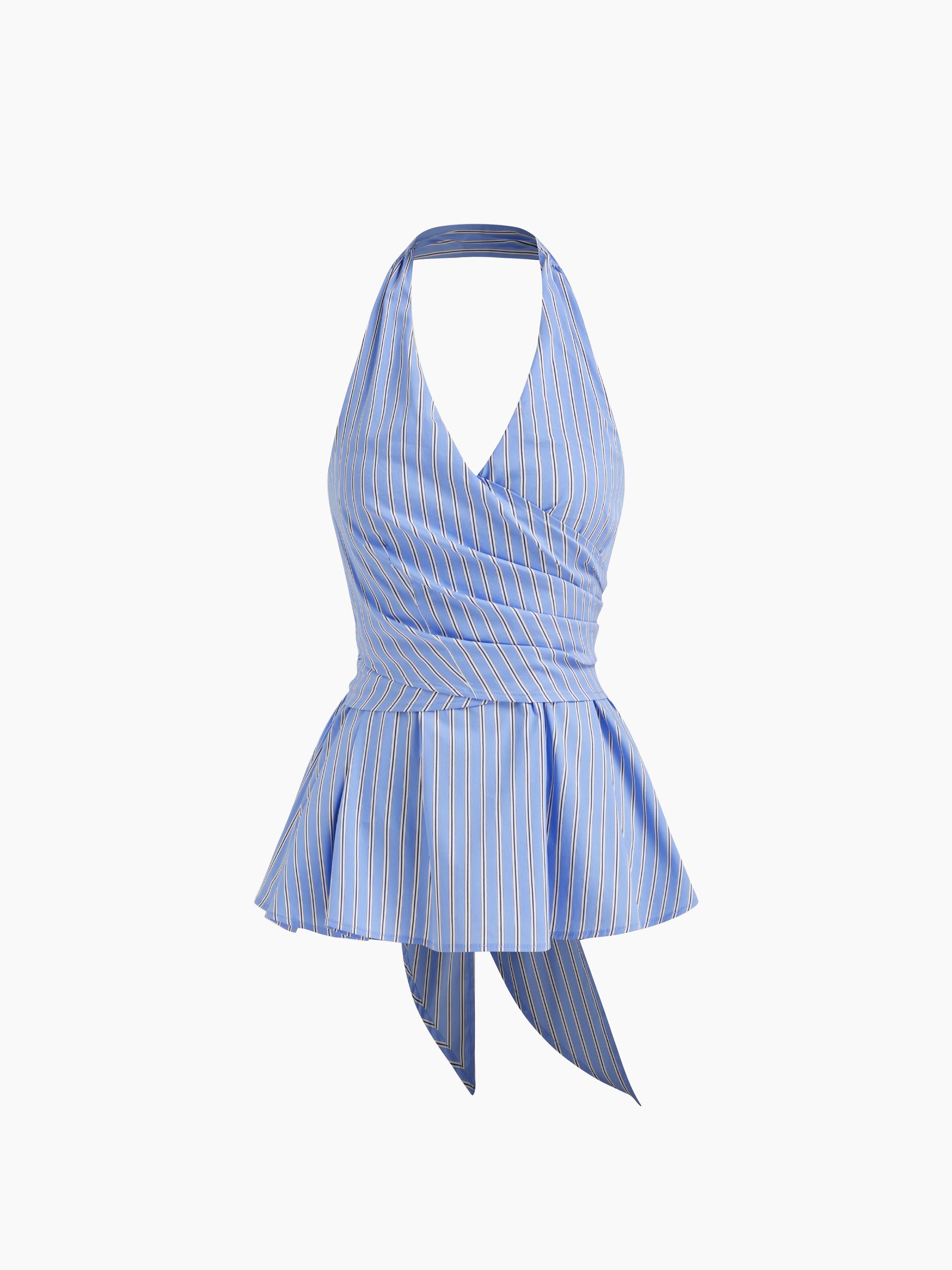 Cotton-blend Halter Neckline Stripe Bowknot Ruffle Hem Top by CIDER