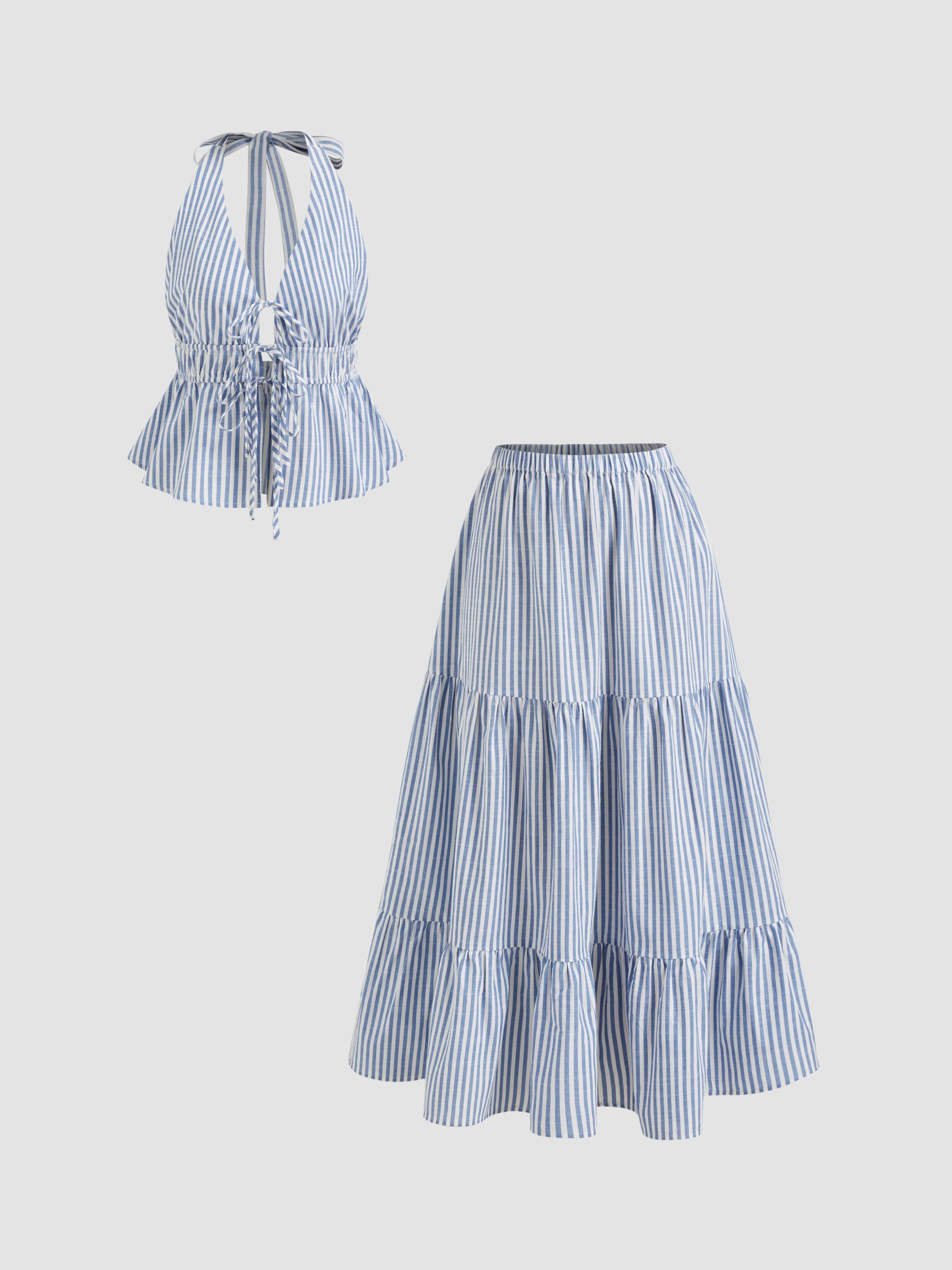 Cotton-blend Halter Neckline Stripe Tie Front Shirred Top & Mid Rise Elastic Waist Ruffle Maxi Skirt Set by CIDER