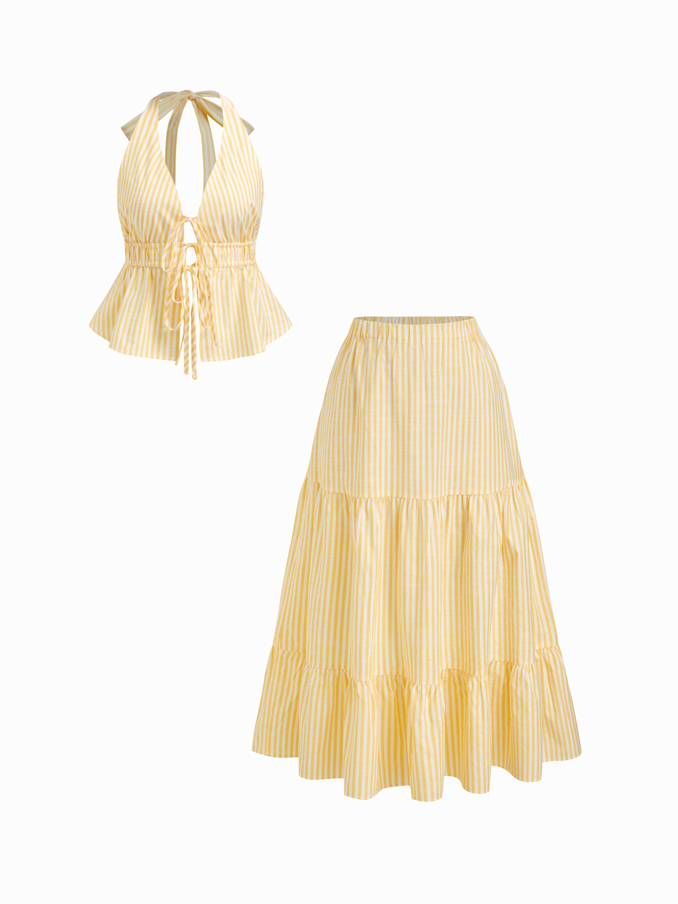 Cotton-blend Halter Neckline Stripe Tie Front Shirred Top & Mid Rise Elastic Waist Ruffle Maxi Skirt Set by CIDER