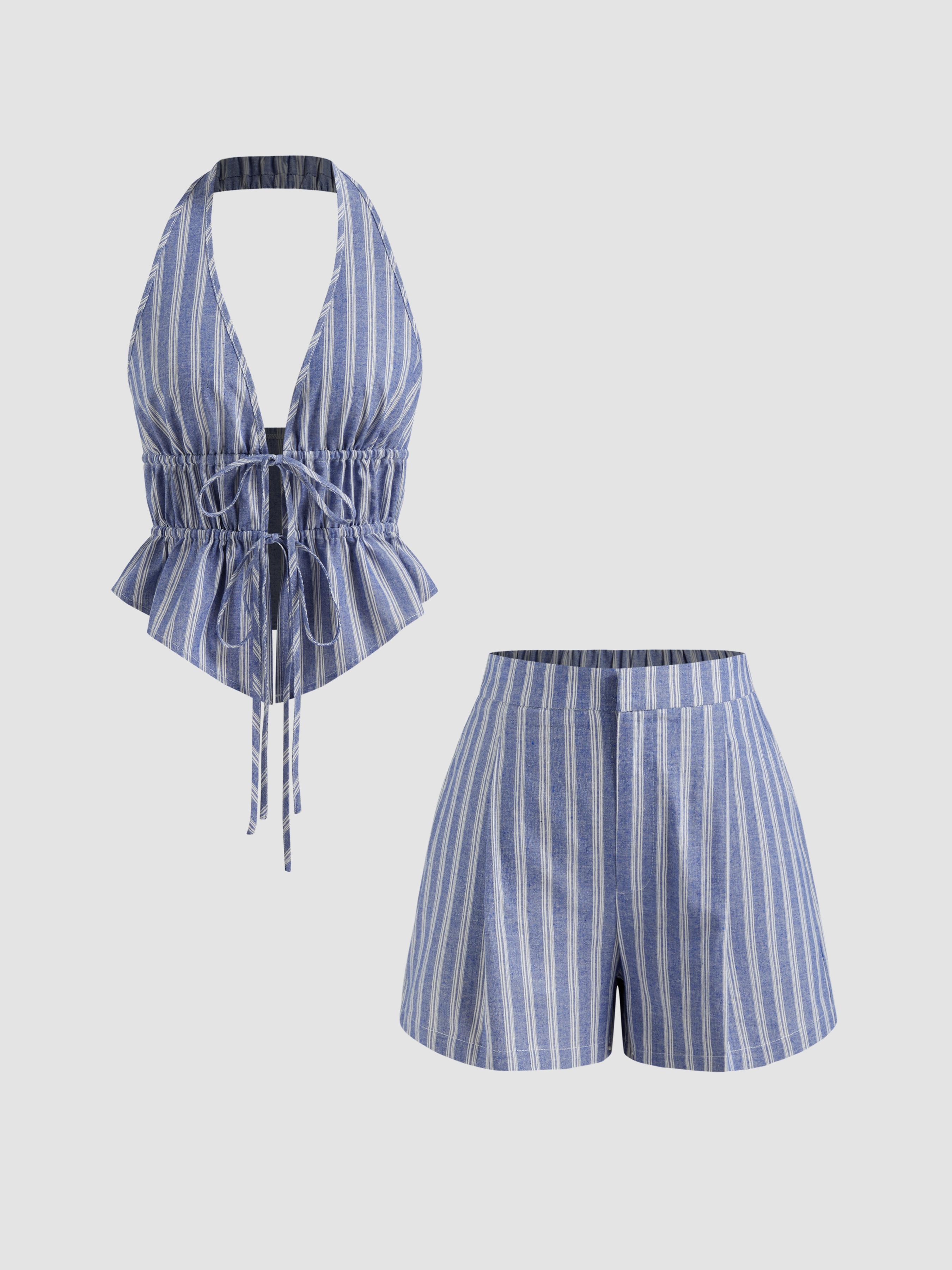 Cotton-blend Halter Neckline Stripe Tie Front Shirred Top &  Mid Rise Shorts Set by CIDER