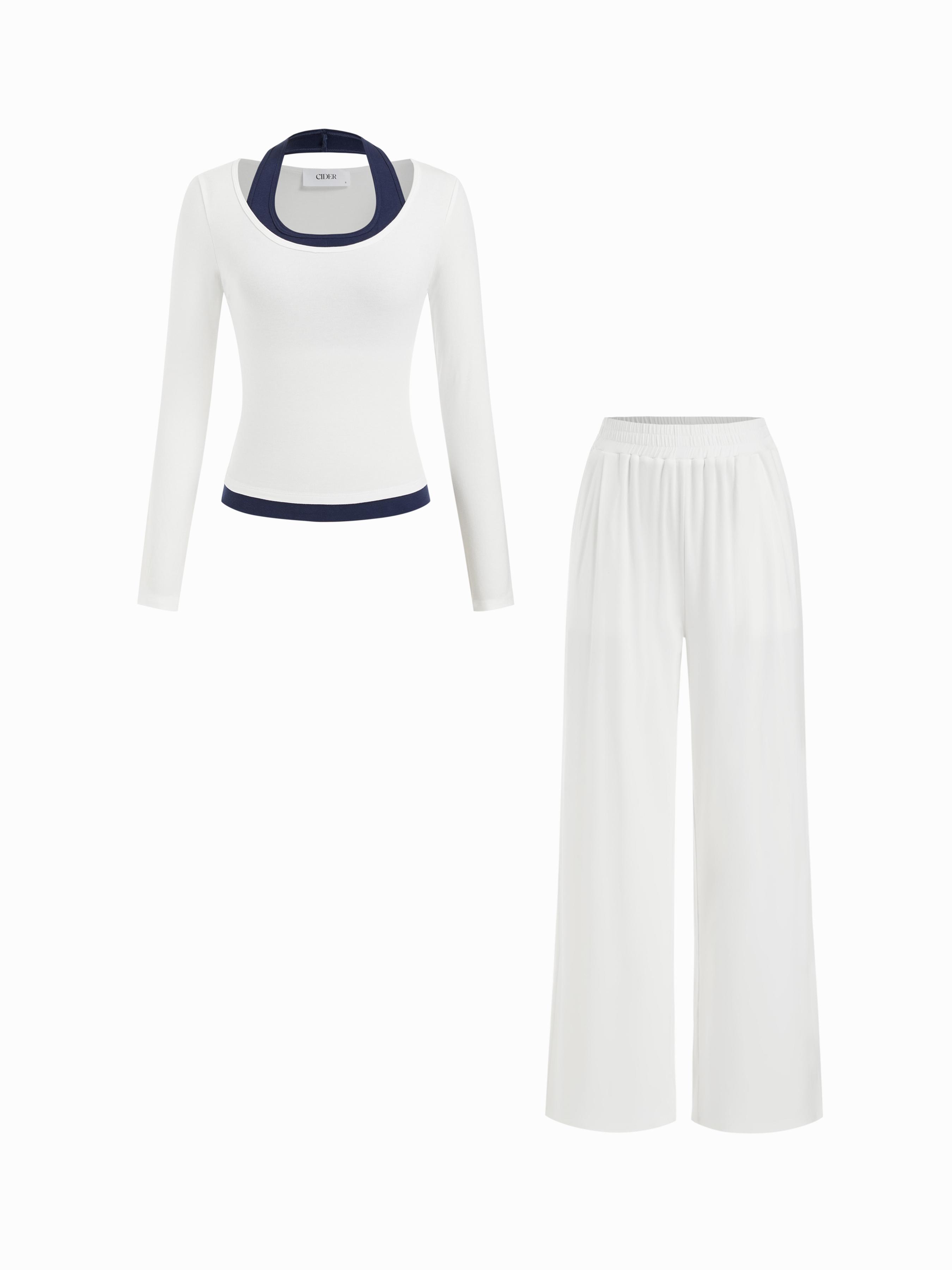 Cotton-blend Halter Neckline Two Tone Top & High Rise Straight Leg Trousers Loungewear Set by CIDER