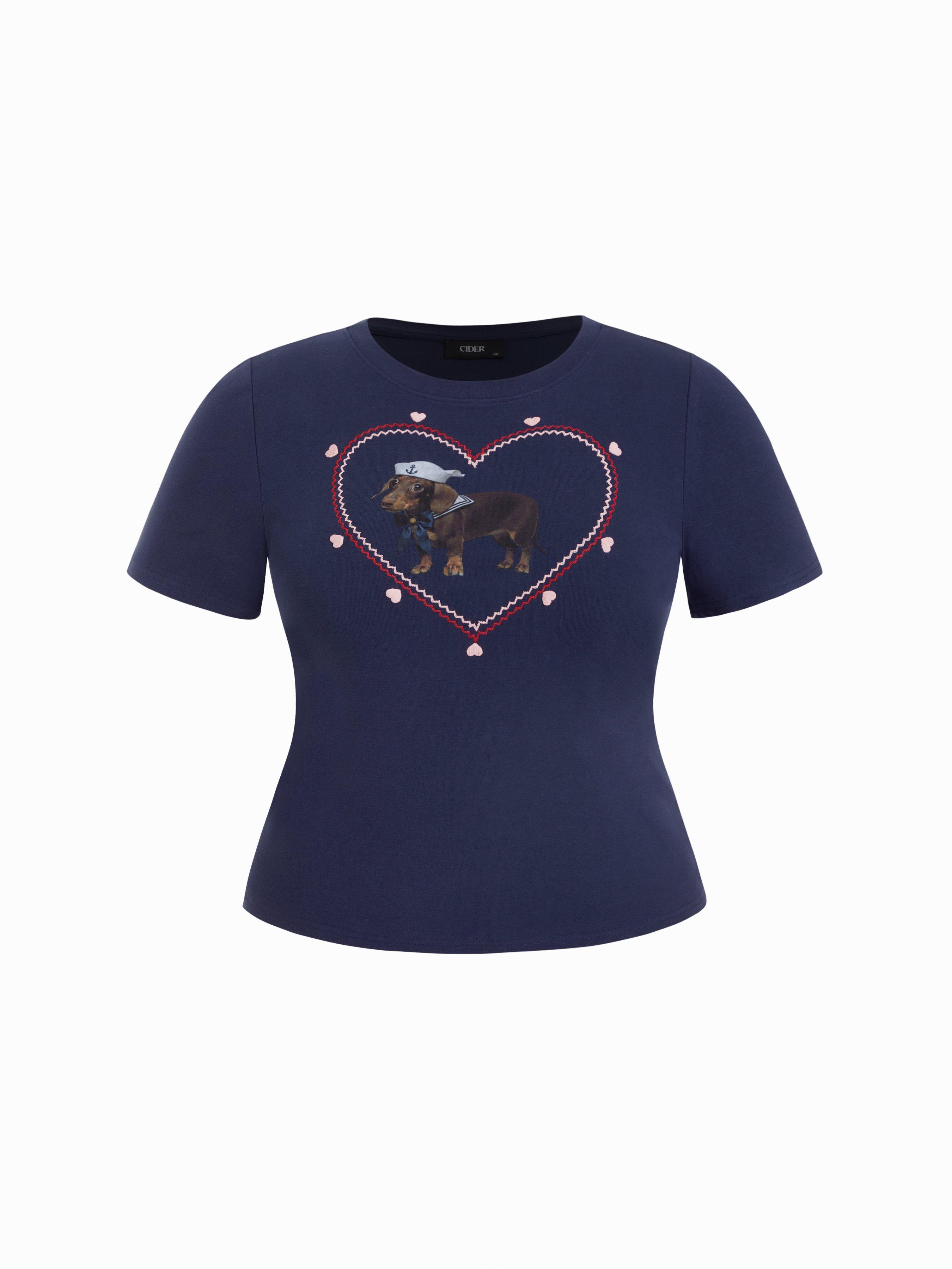 Cotton-blend Heart & Dog Graphic Embroidery Short Sleeve Top Curve & Plus by CIDER
