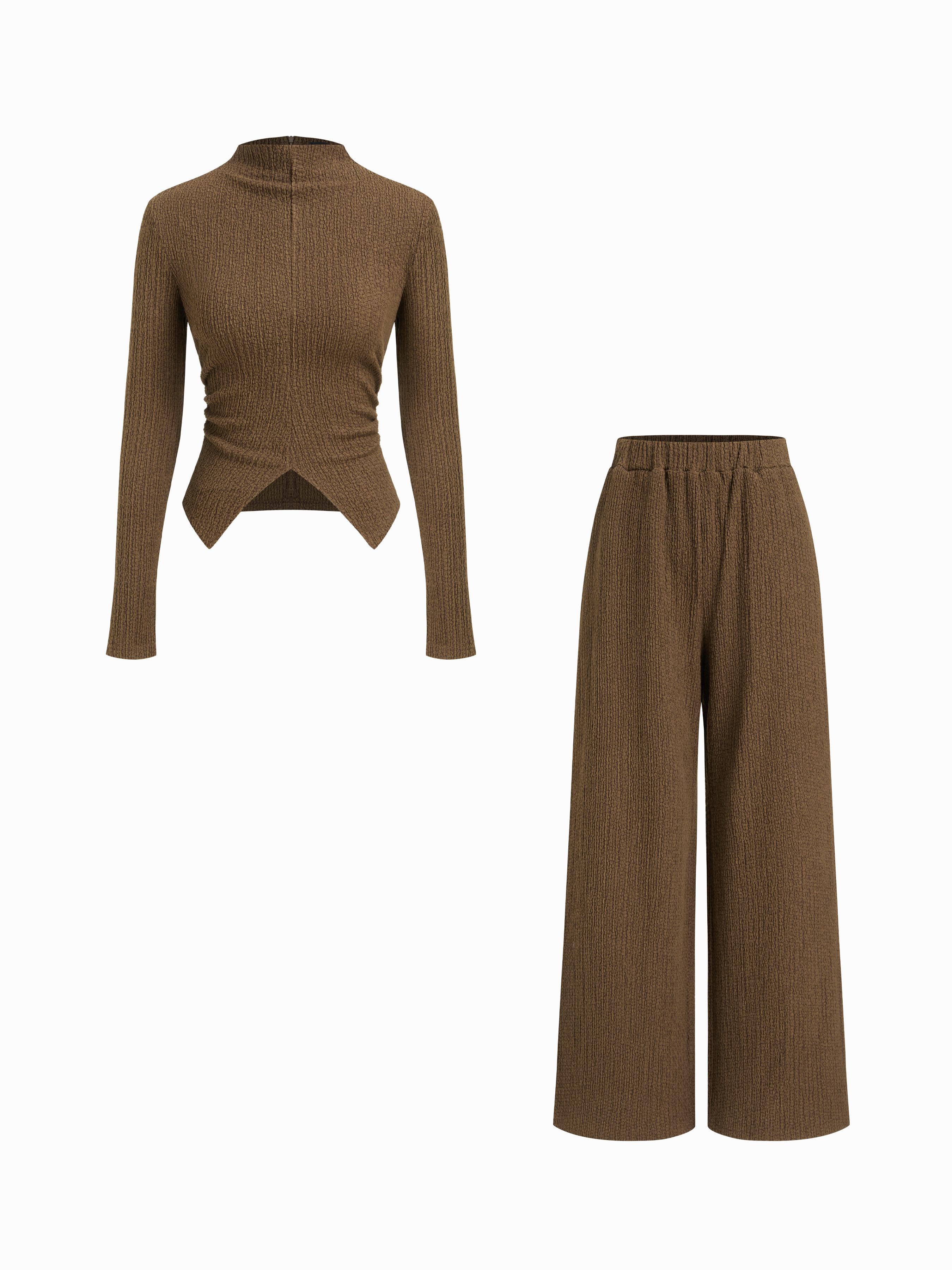 Cotton-blend High Neck Asymmetrical Hem Top & Mid Rise Straight Leg Trousers Set by CIDER