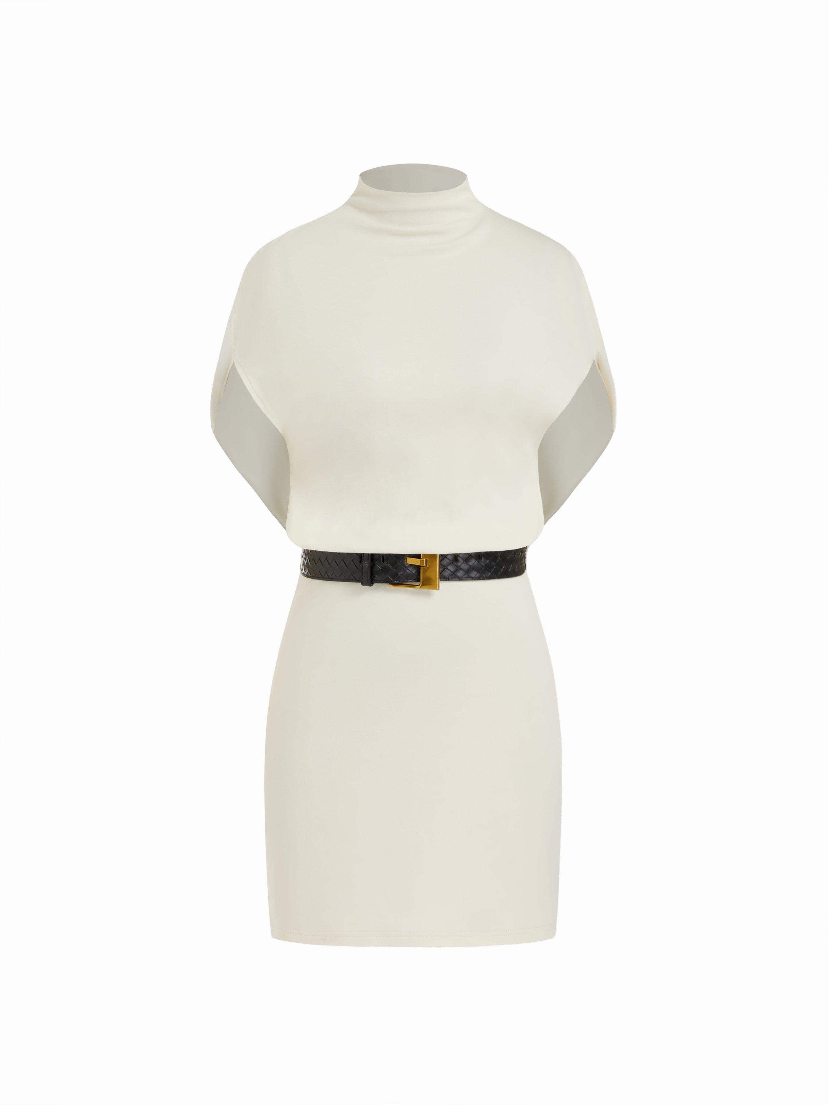 Cotton-blend High Neck Batwing Sleeve Straight Mini Dress With Belt by CIDER