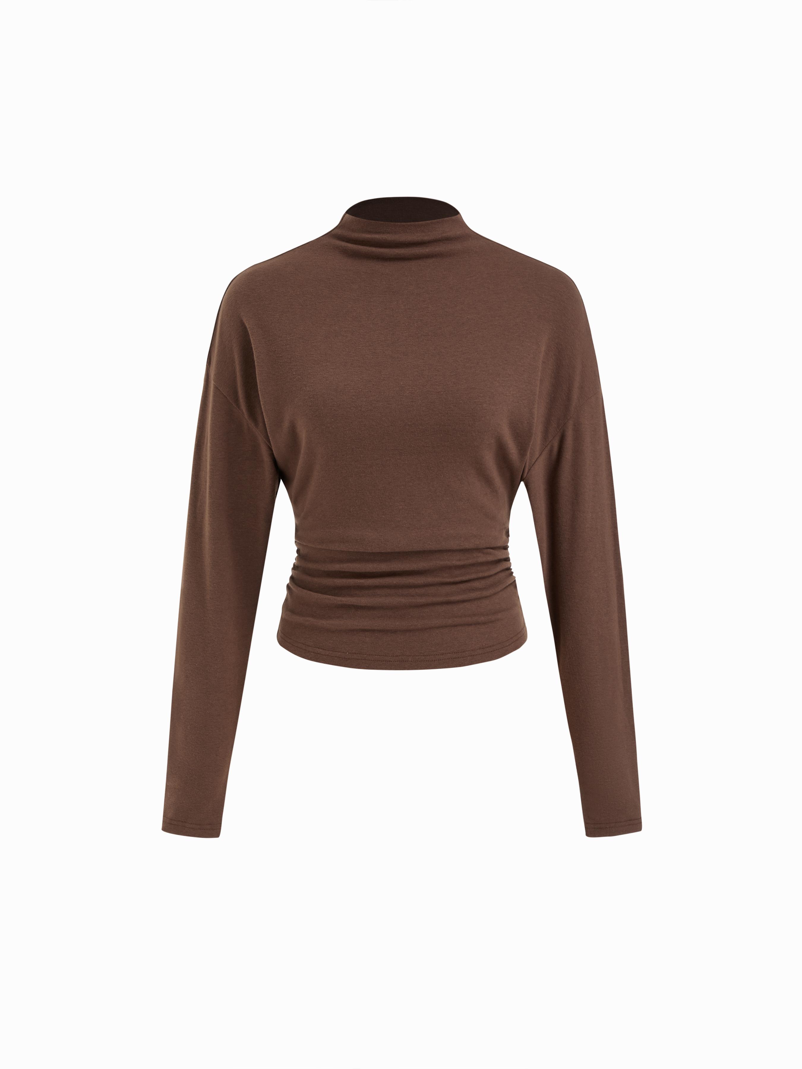 Cotton-blend High Neck Long Sleeve Ruched Cinched Waist Top by CIDER