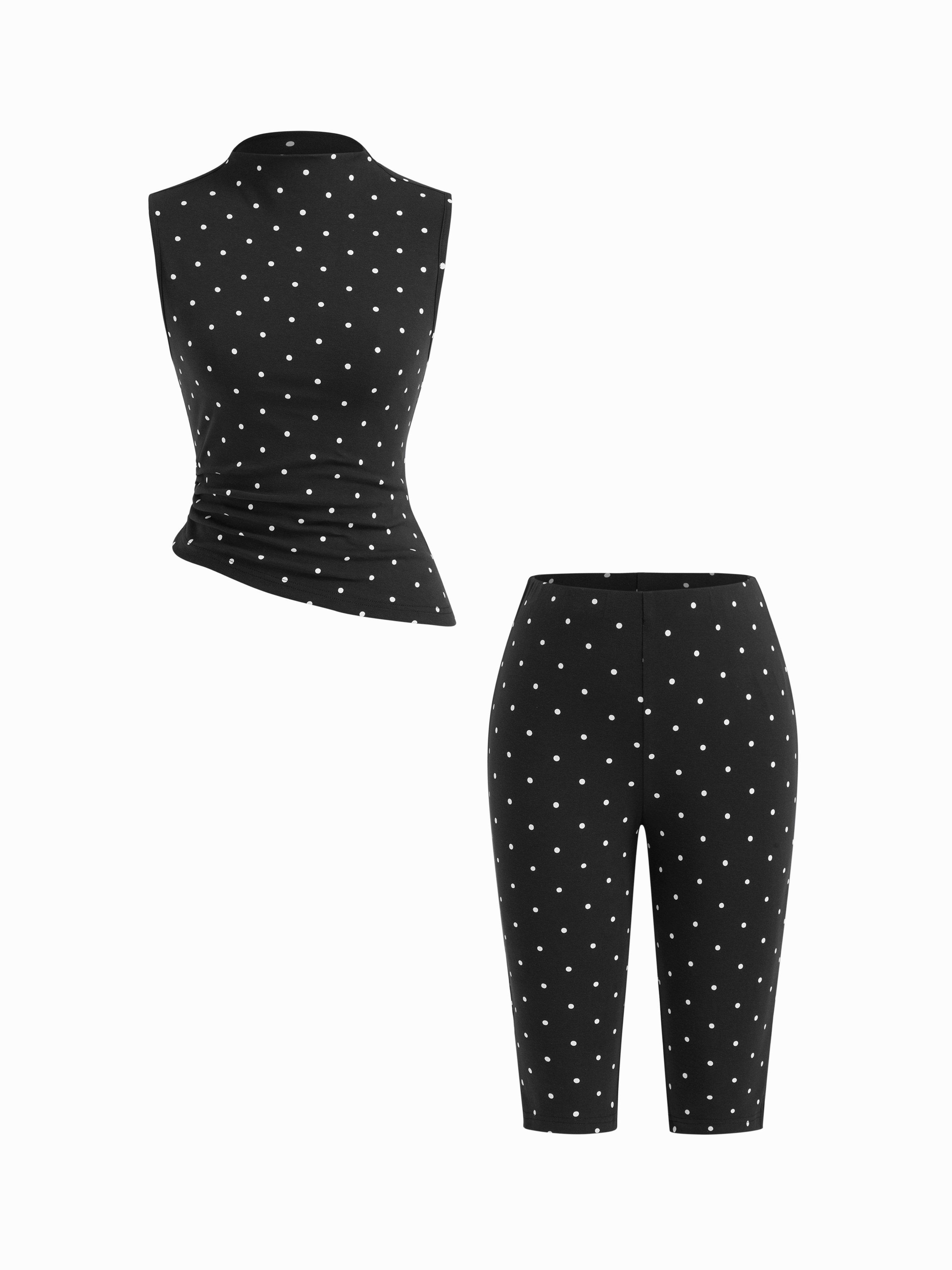 Cotton-blend High Neck Polka Dot Asymmetrical Hem Top & Mid Rise Capri Pants Set by CIDER