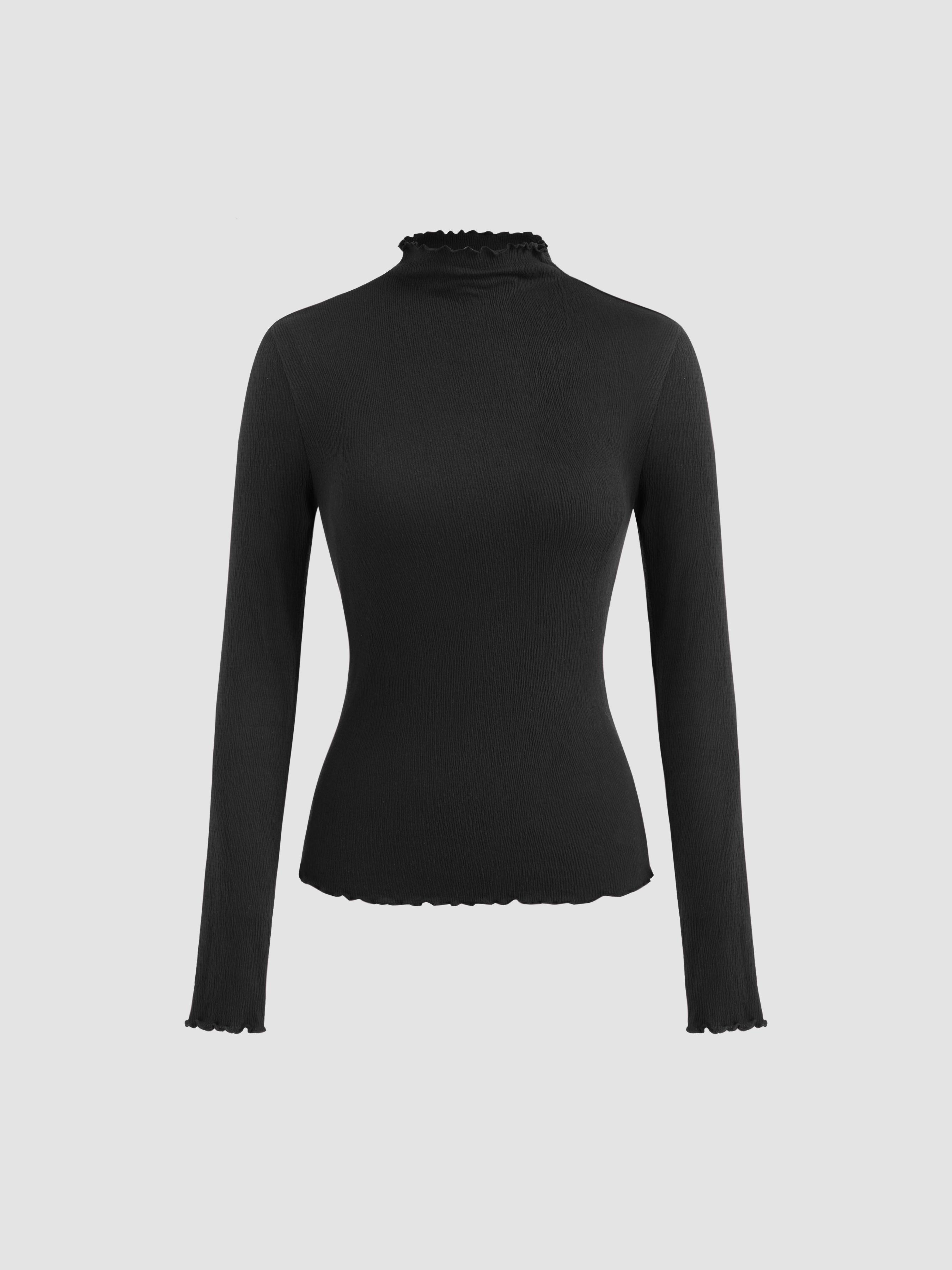 Cotton-blend High Neck Solid Lettuce Trim Long Sleeve Top by CIDER