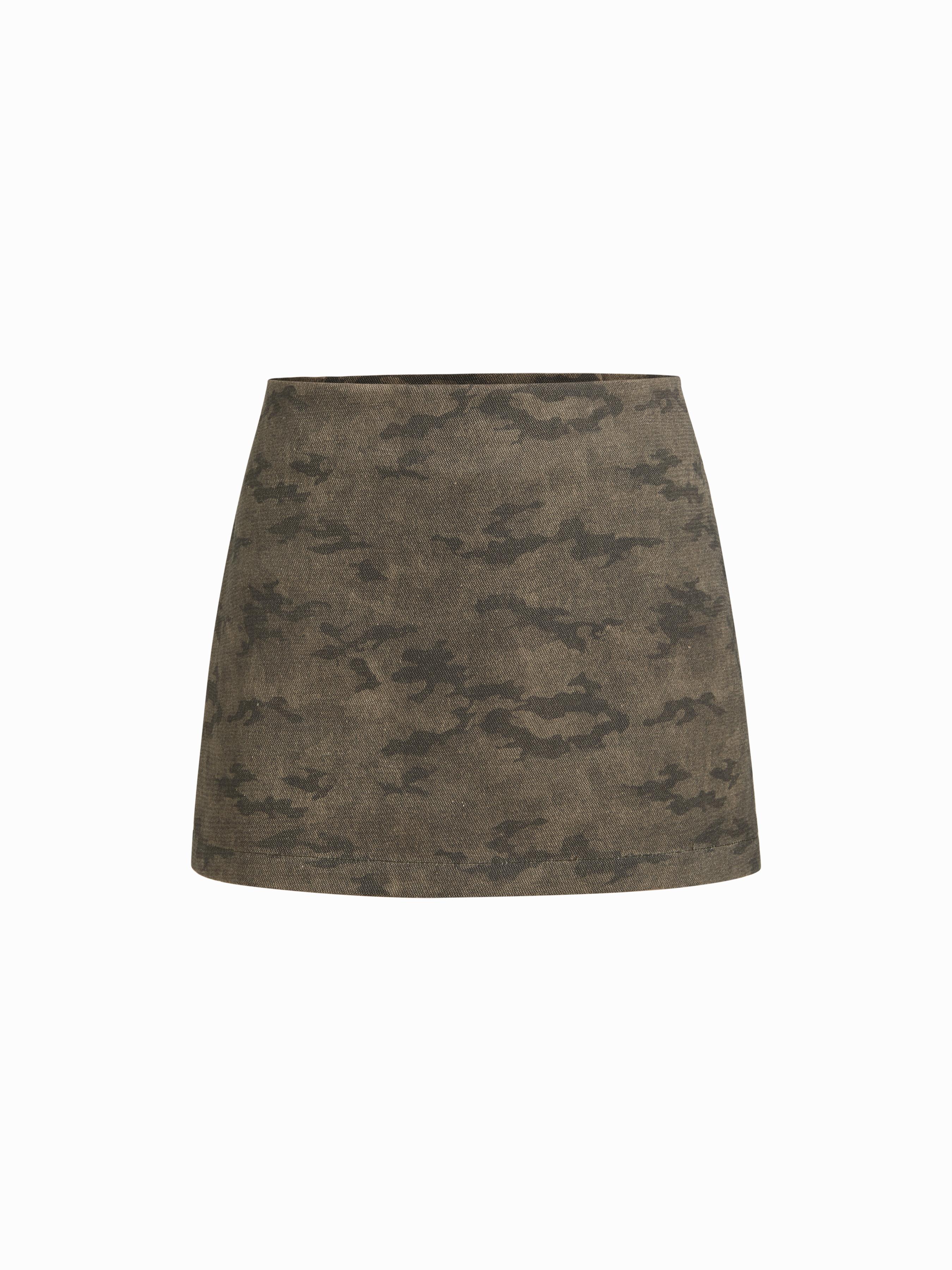 Cotton-blend High Rise Camo A-line Denim Mini Skirt by CIDER