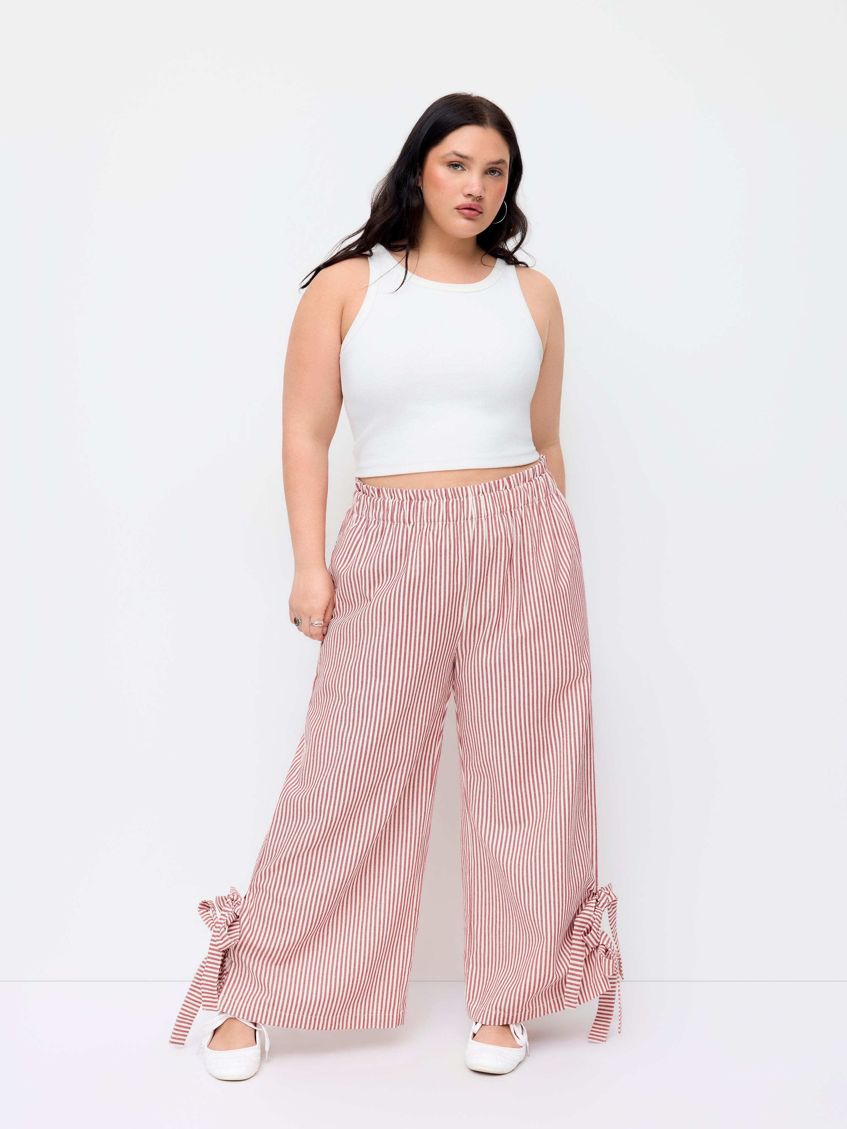 Cotton-blend High Rise Striped Wide Leg Trousers With Bowknot Cuffs Curve & Plus by CIDER