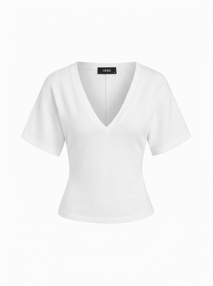 Cotton-blend High Stretch V-neck Short Sleeve Tee by CIDER