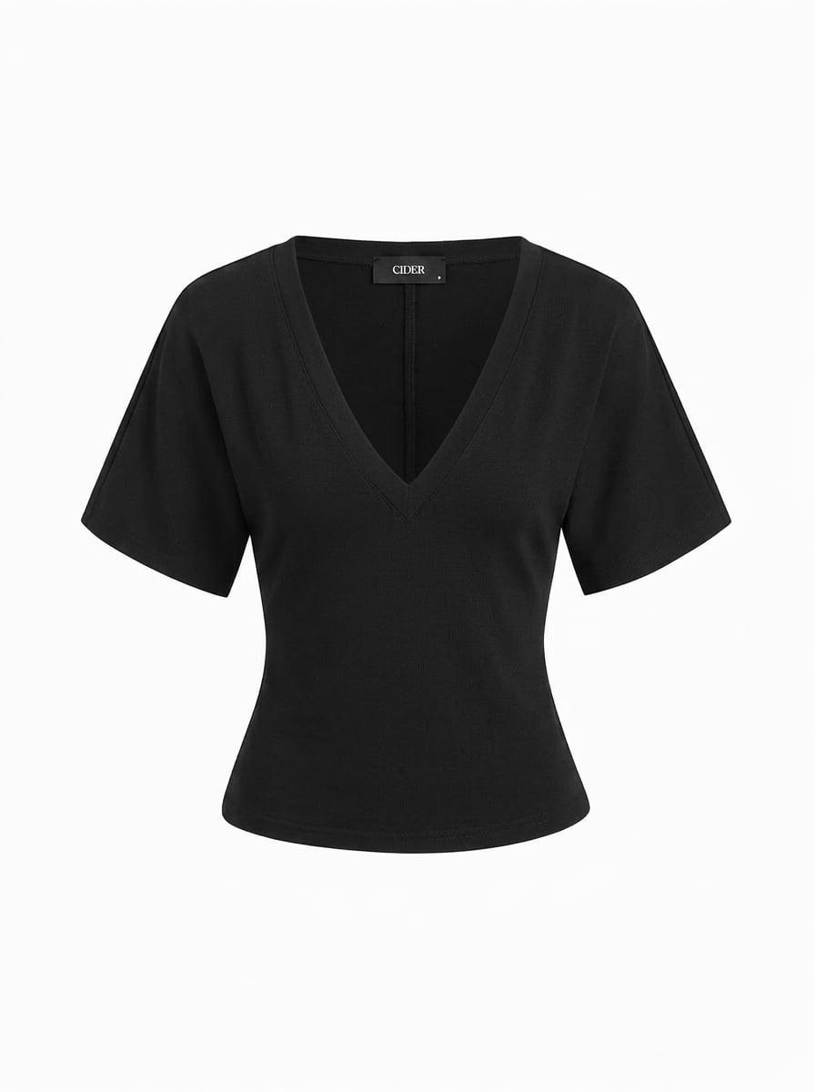 Cotton-blend High Stretch V-neck Short Sleeve Tee by CIDER