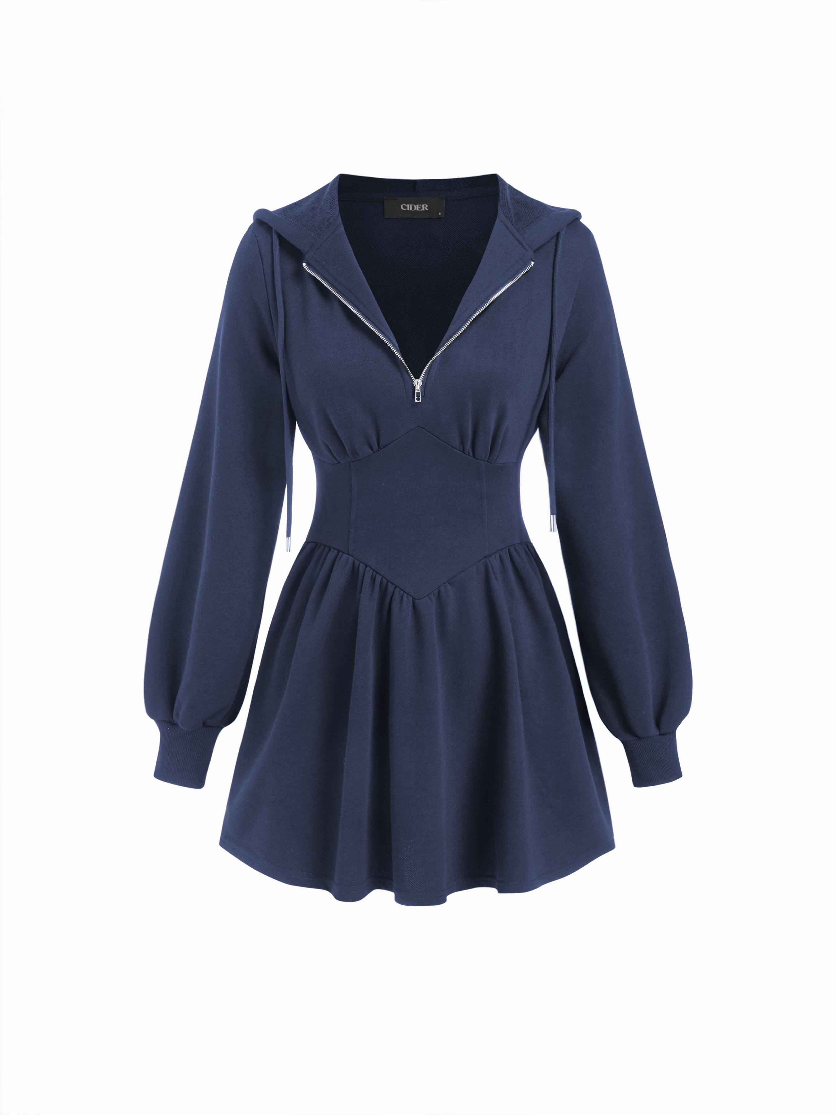Cotton-blend Hooded Lantern Sleeve Ruched Sweatshirt Mini Dress by CIDER