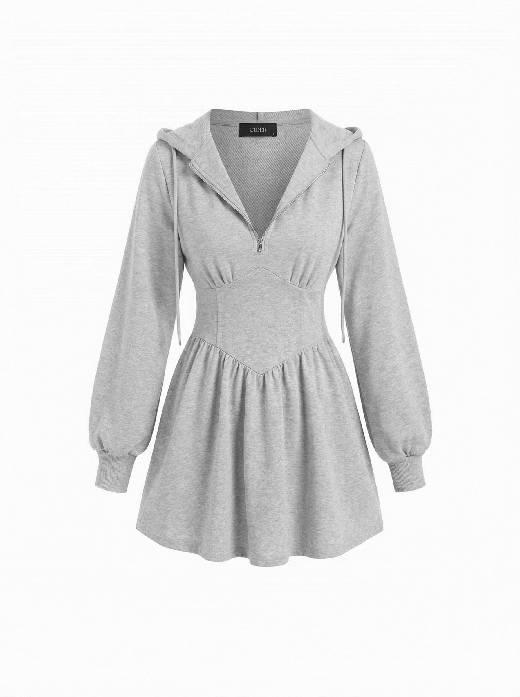 Cotton-blend Hooded Lantern Sleeve Ruched Sweatshirt Mini Dress by CIDER