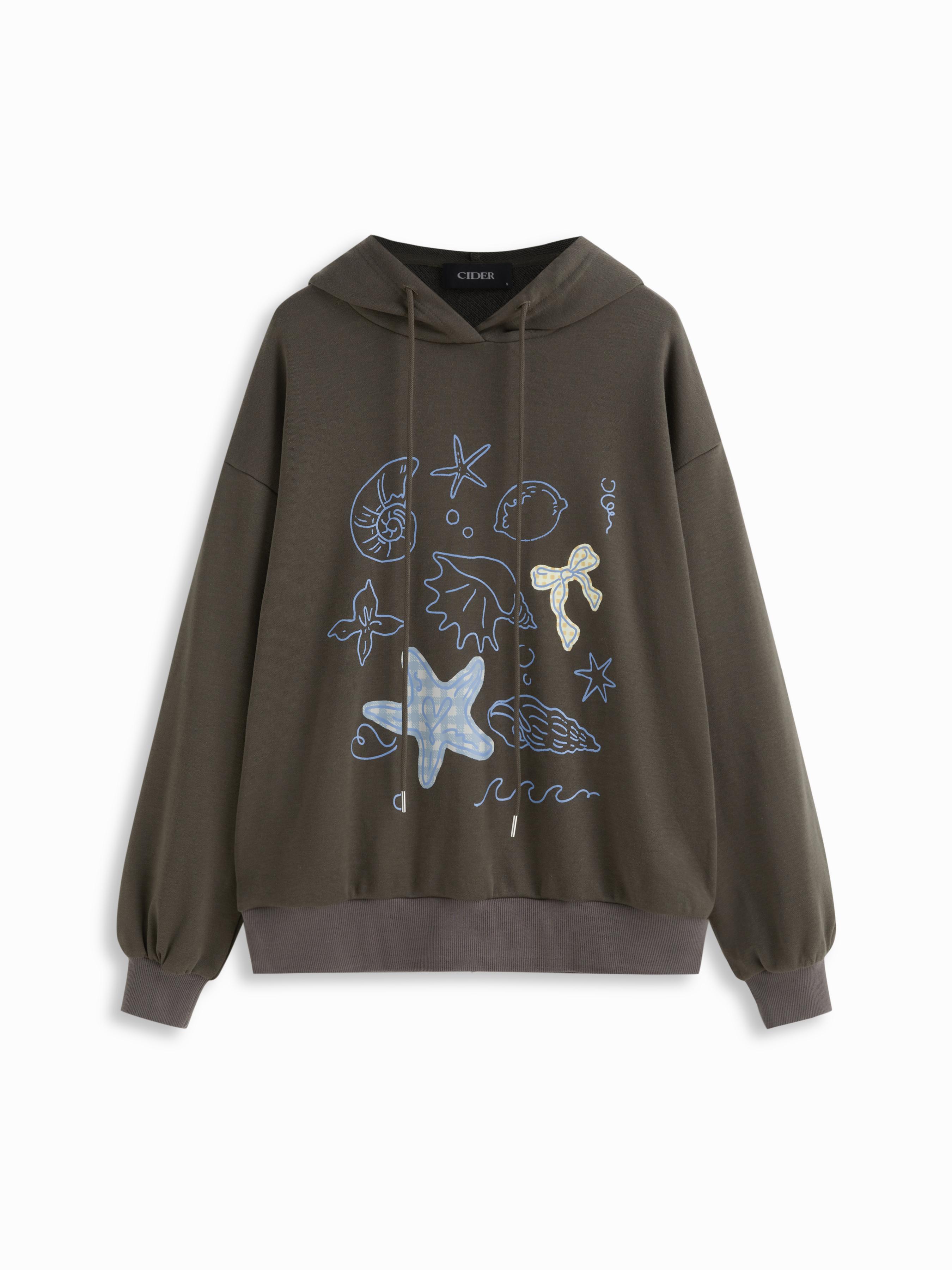 Cotton-blend Hooded Marine Life & Bowknot Graphic Hoodie by CIDER