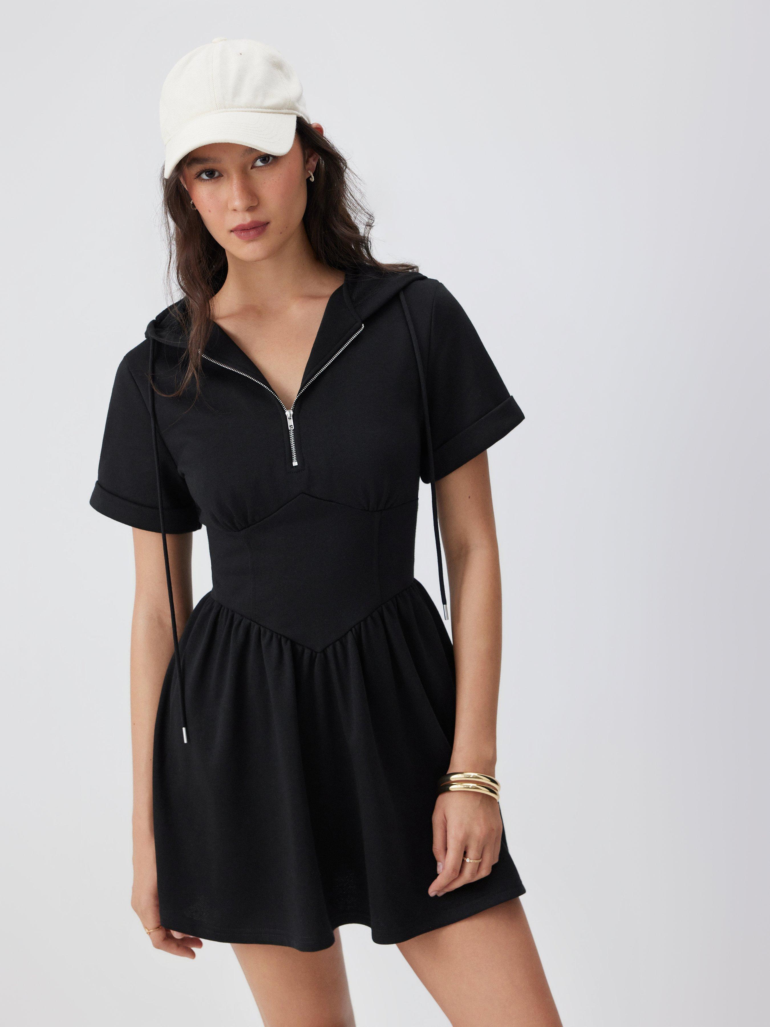 Cotton-blend Hooded Short Sleeve Drawstring Metal Detail A-line Mini Dress by CIDER