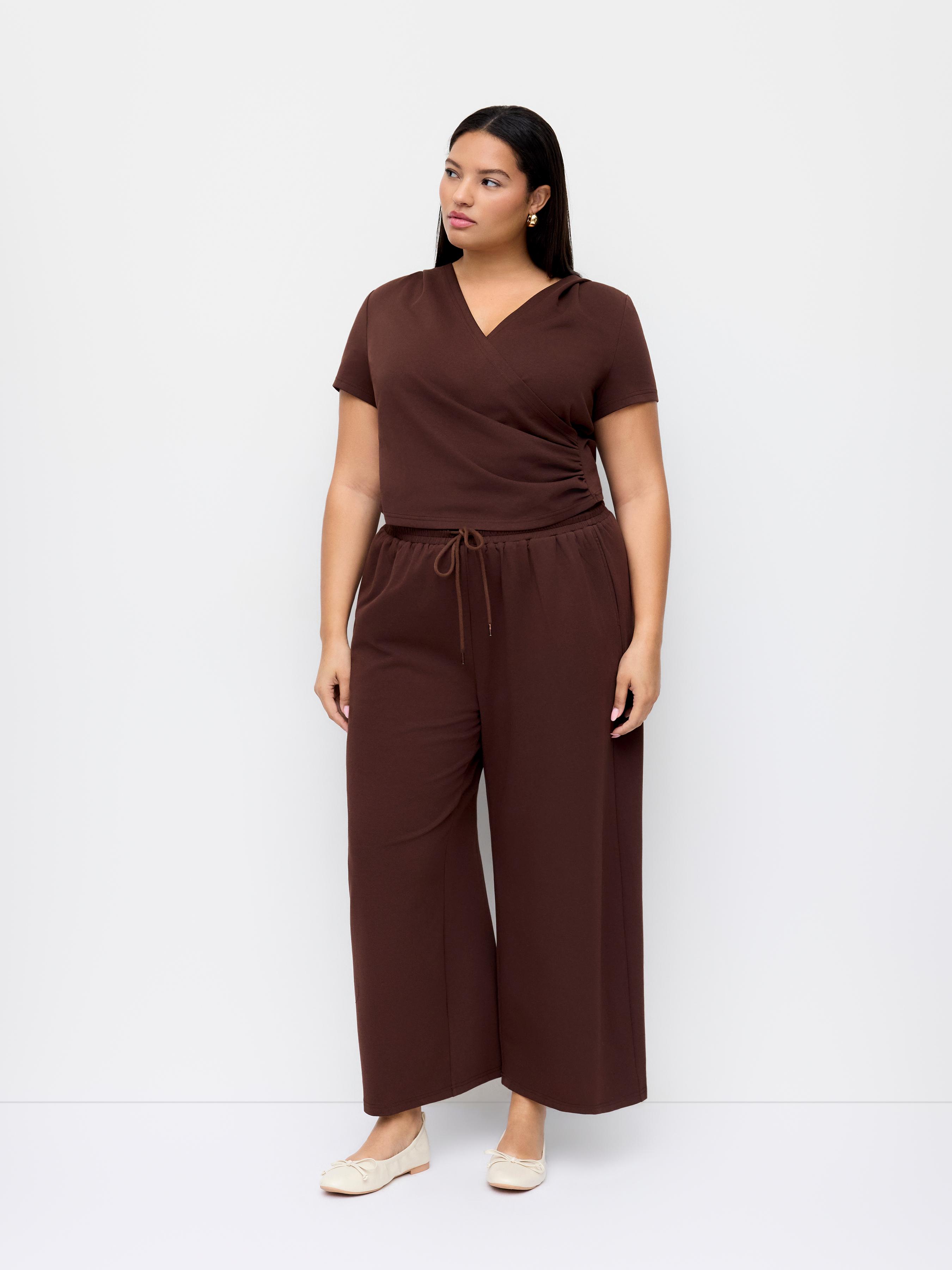 Cotton-blend Hooded Wrap Top & Mid Rise Elastic Waist Trousers Set Curve & Plus by CIDER
