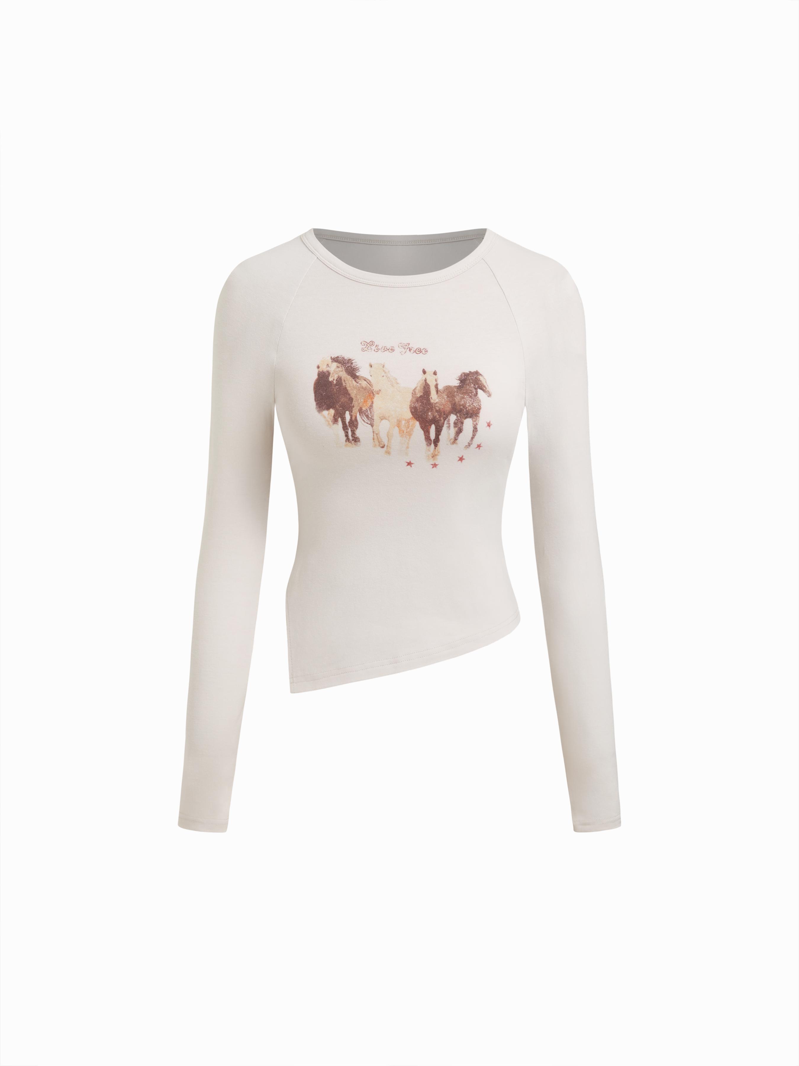 Cotton-blend Horse Graphic Asymmetrical Hem Top by CIDER