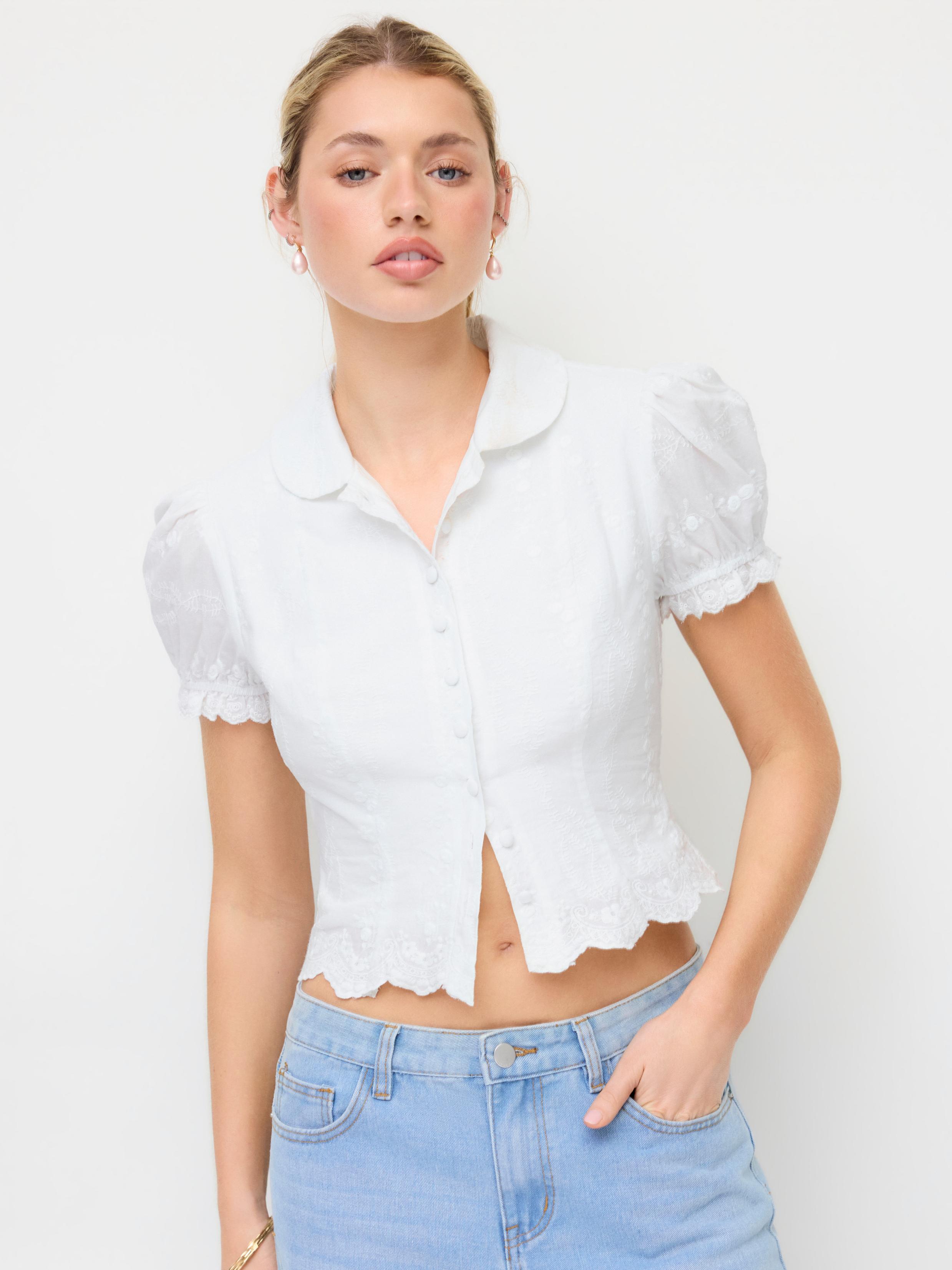 Cotton-blend Jacquard Floral Puff Sleeve Blouse by CIDER