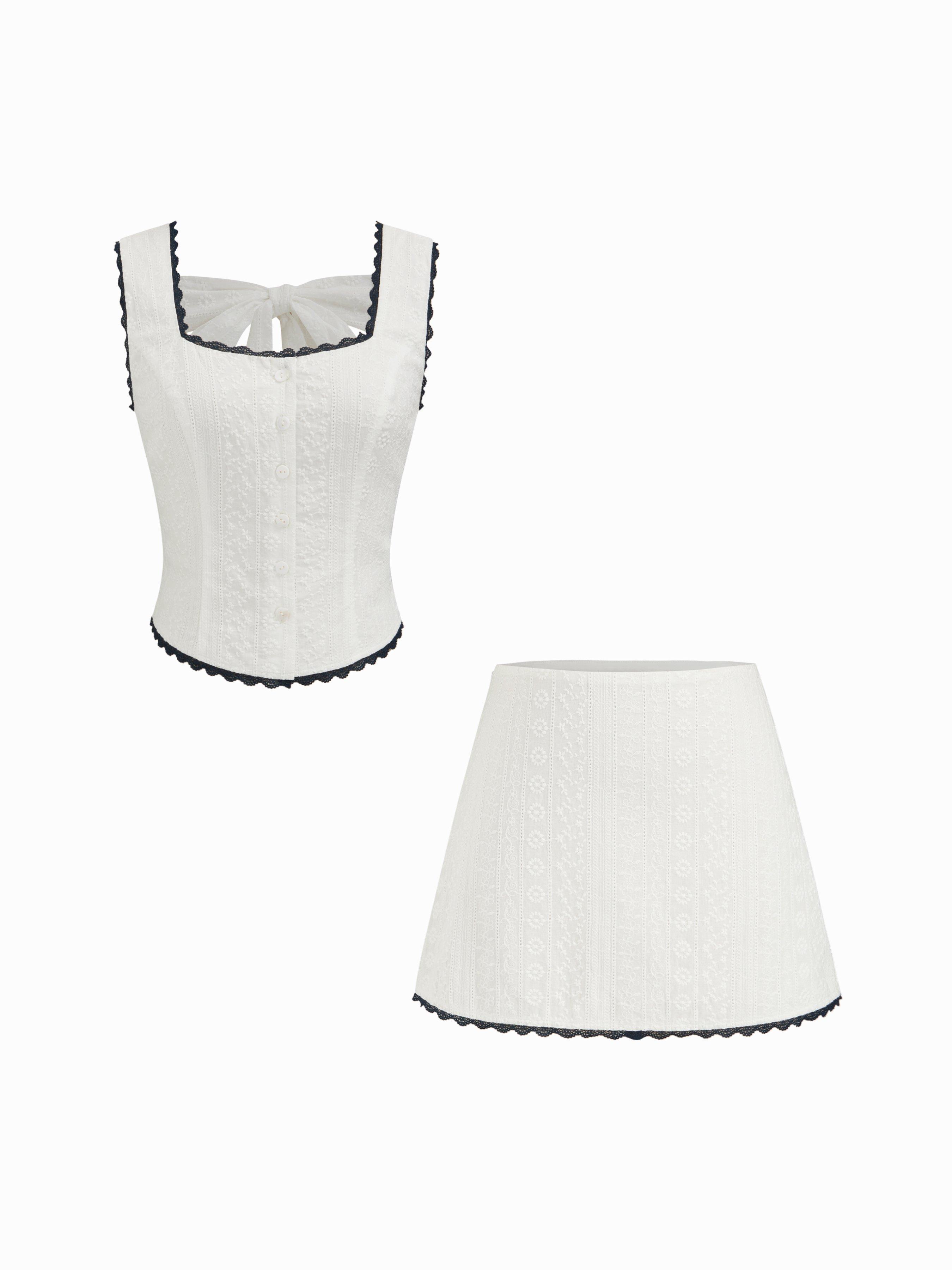 Cotton-blend Jacquard Lace Square Neck Top & Mid Rise Mini Skirt Set by CIDER