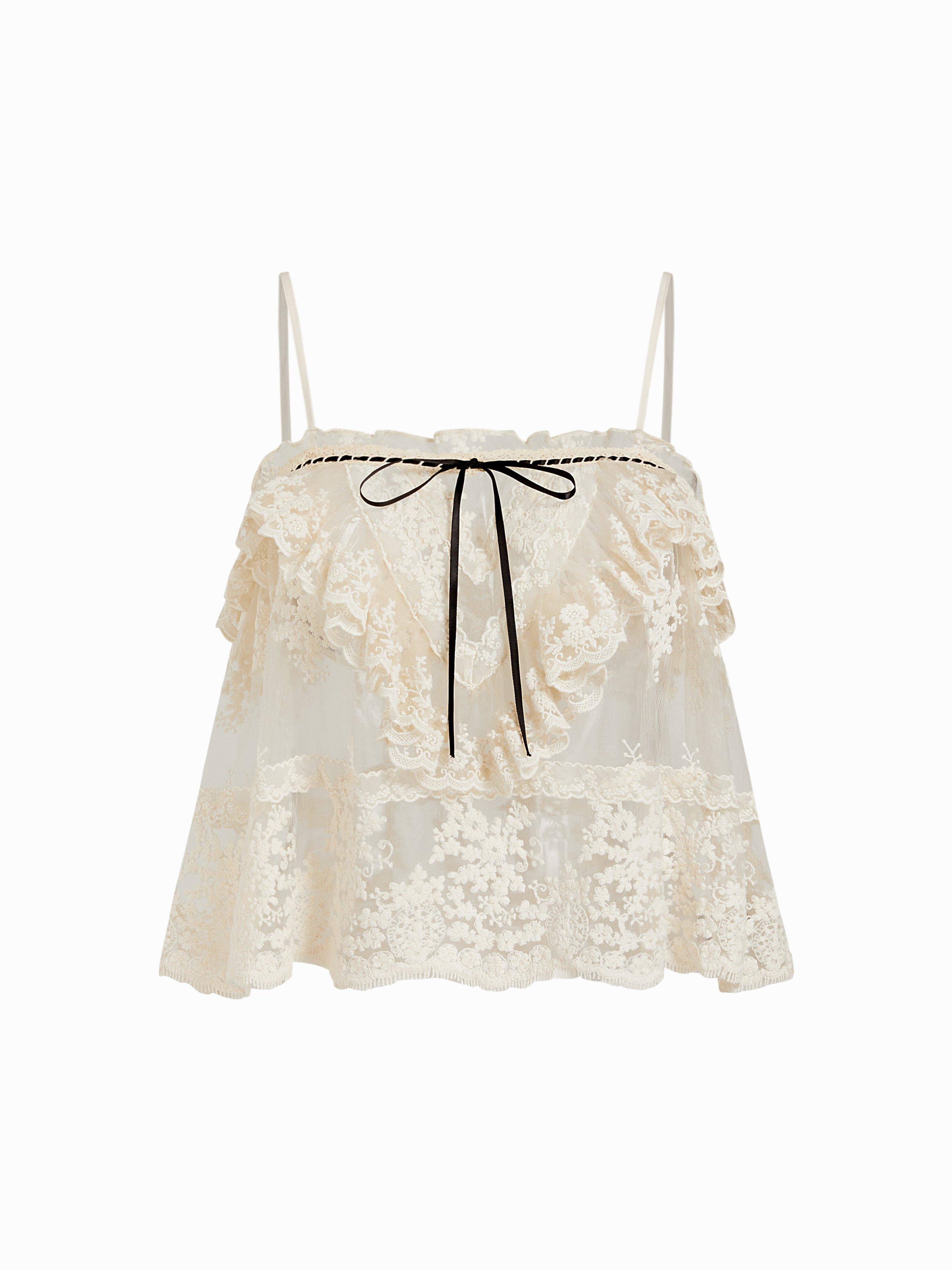 Cotton-blend Lace Bowknot Ruffle Sheer Oversized Crop Cami Top by CIDER