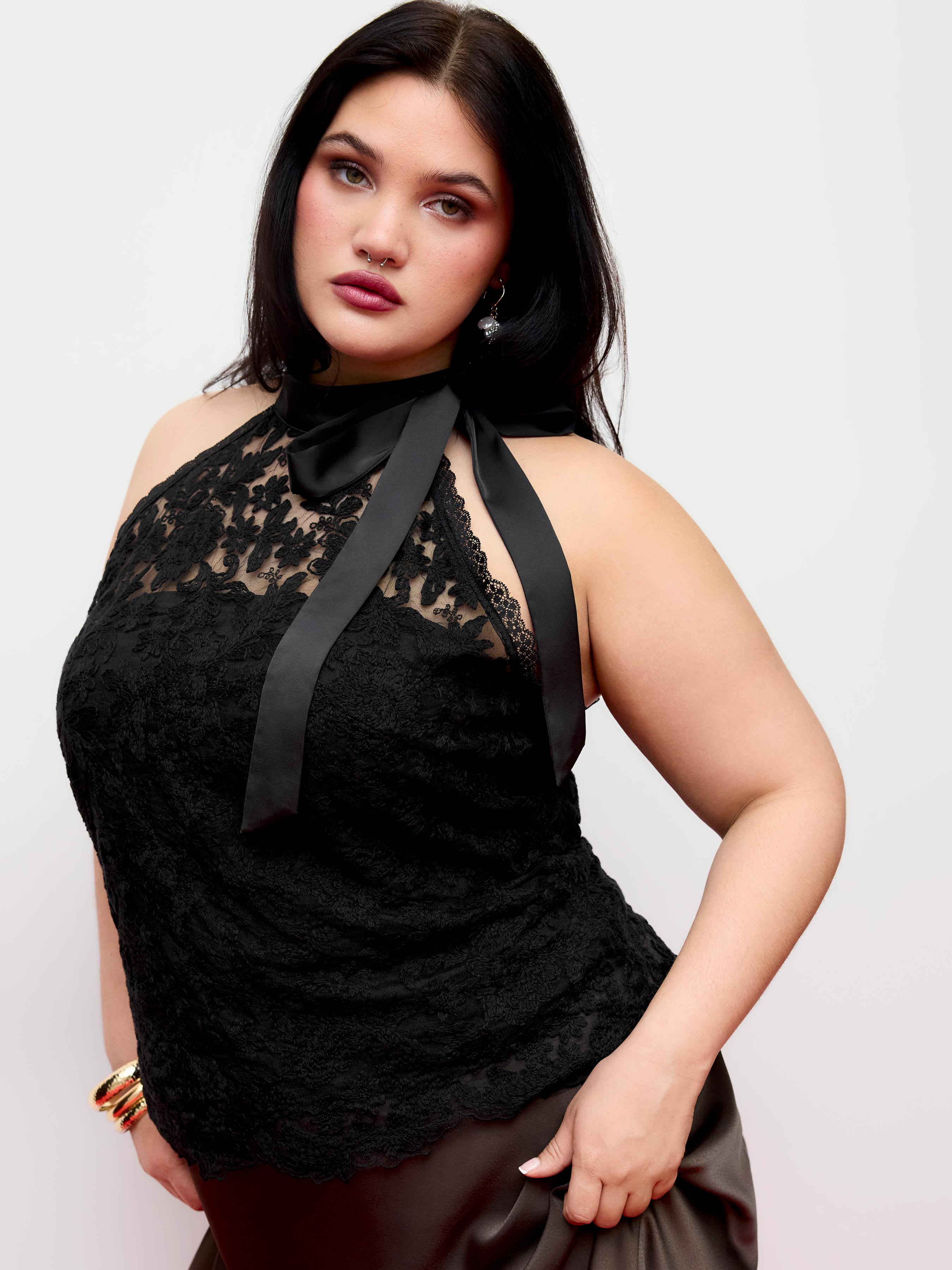 Cotton-blend Lace Halter Neckline Bowknot Top & Bandeau Curve & Plus by CIDER