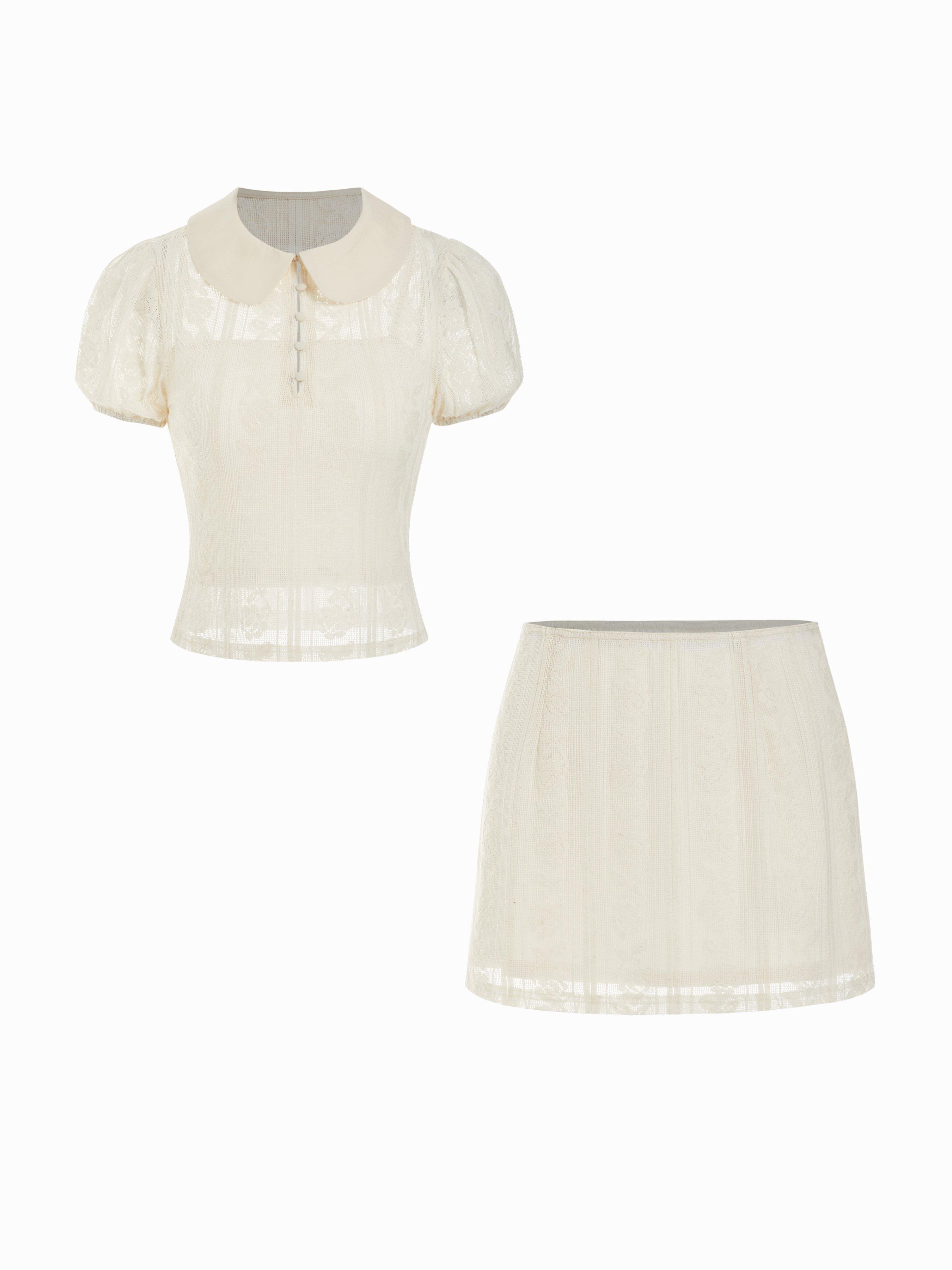 Cotton-blend Lace Peter Pan Collar Top & Mid Rise Mini Skirt Set by CIDER