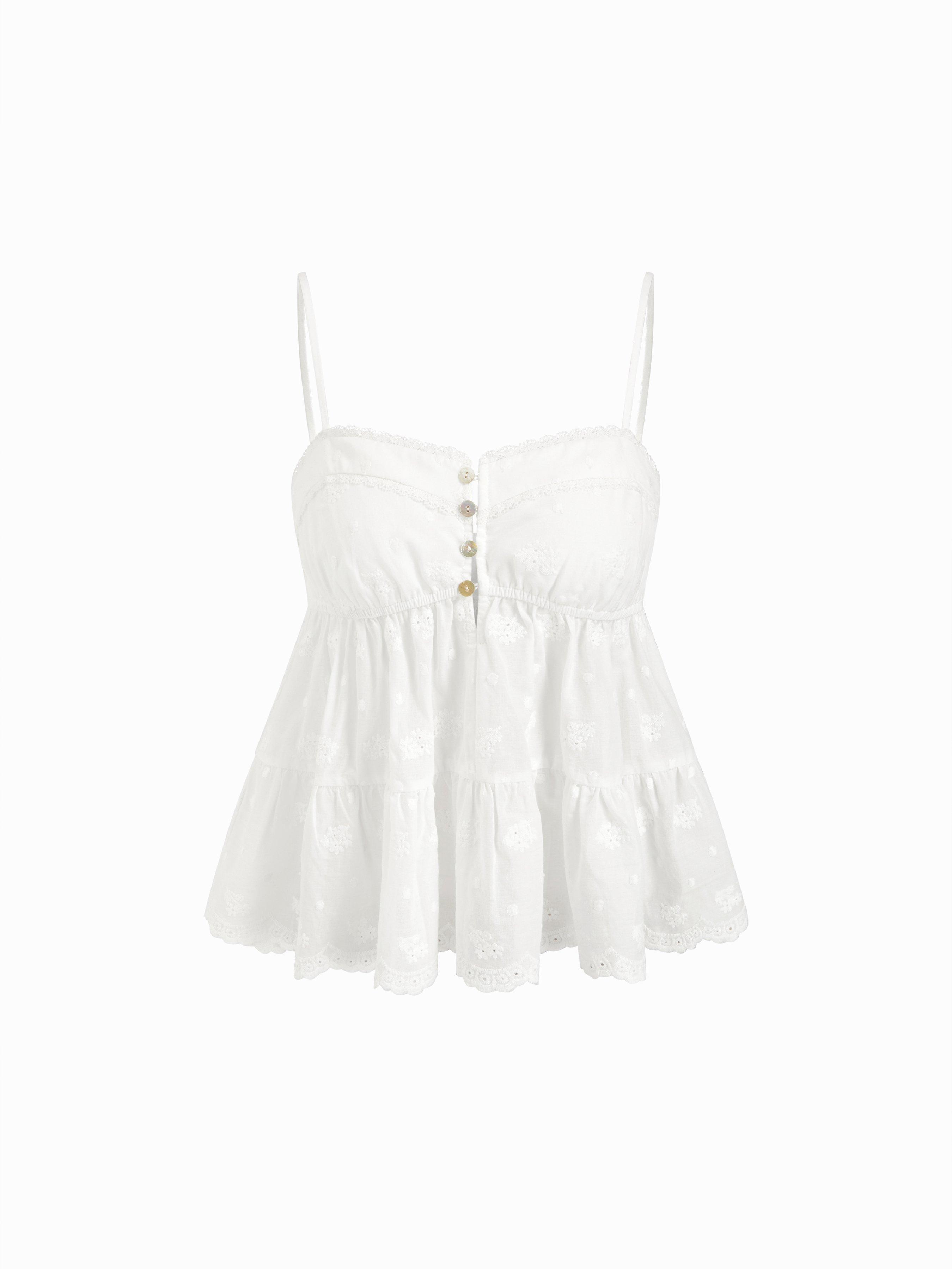 Cotton-blend Lace Trim Embroidery Ruffle Hem Cami Top by CIDER