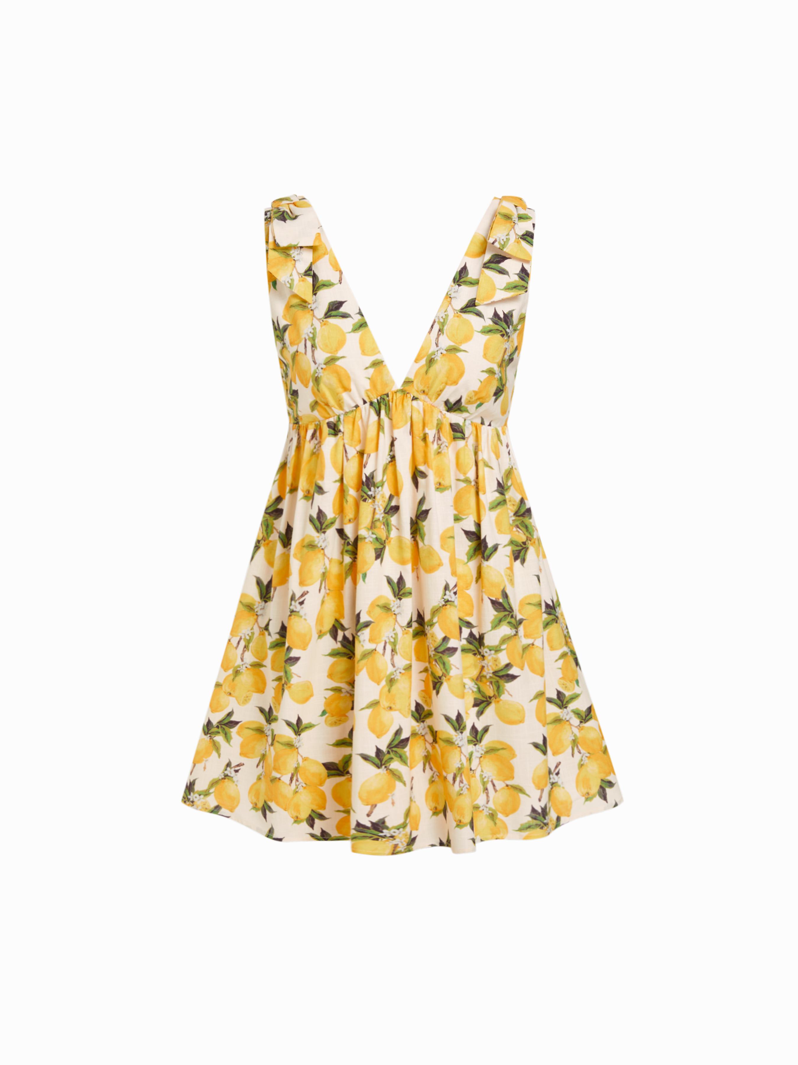 Cotton-blend Lemon Graphic V-neck Bowknot Babydoll Mini Dress by CIDER