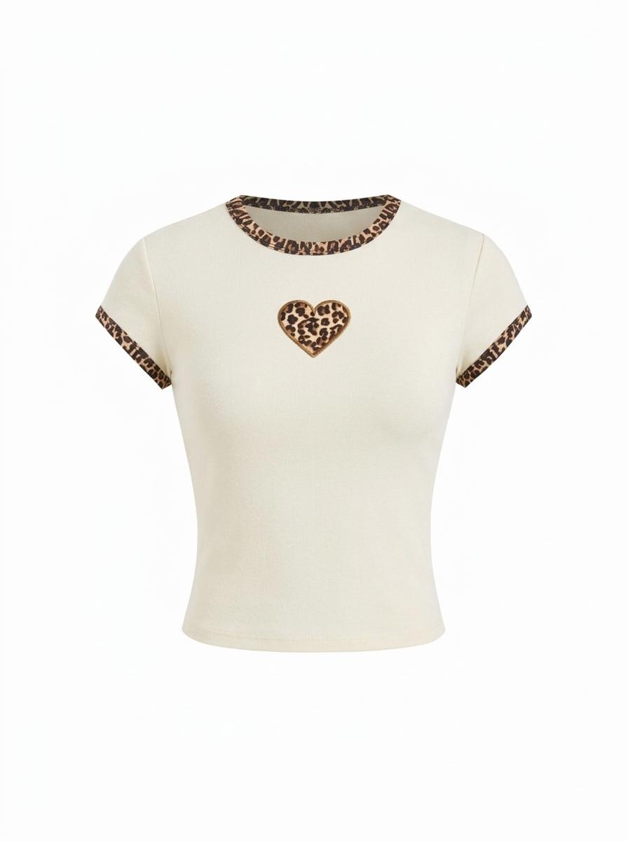 Cotton-blend Leopard Heart Applique Short Sleeve Tee by CIDER