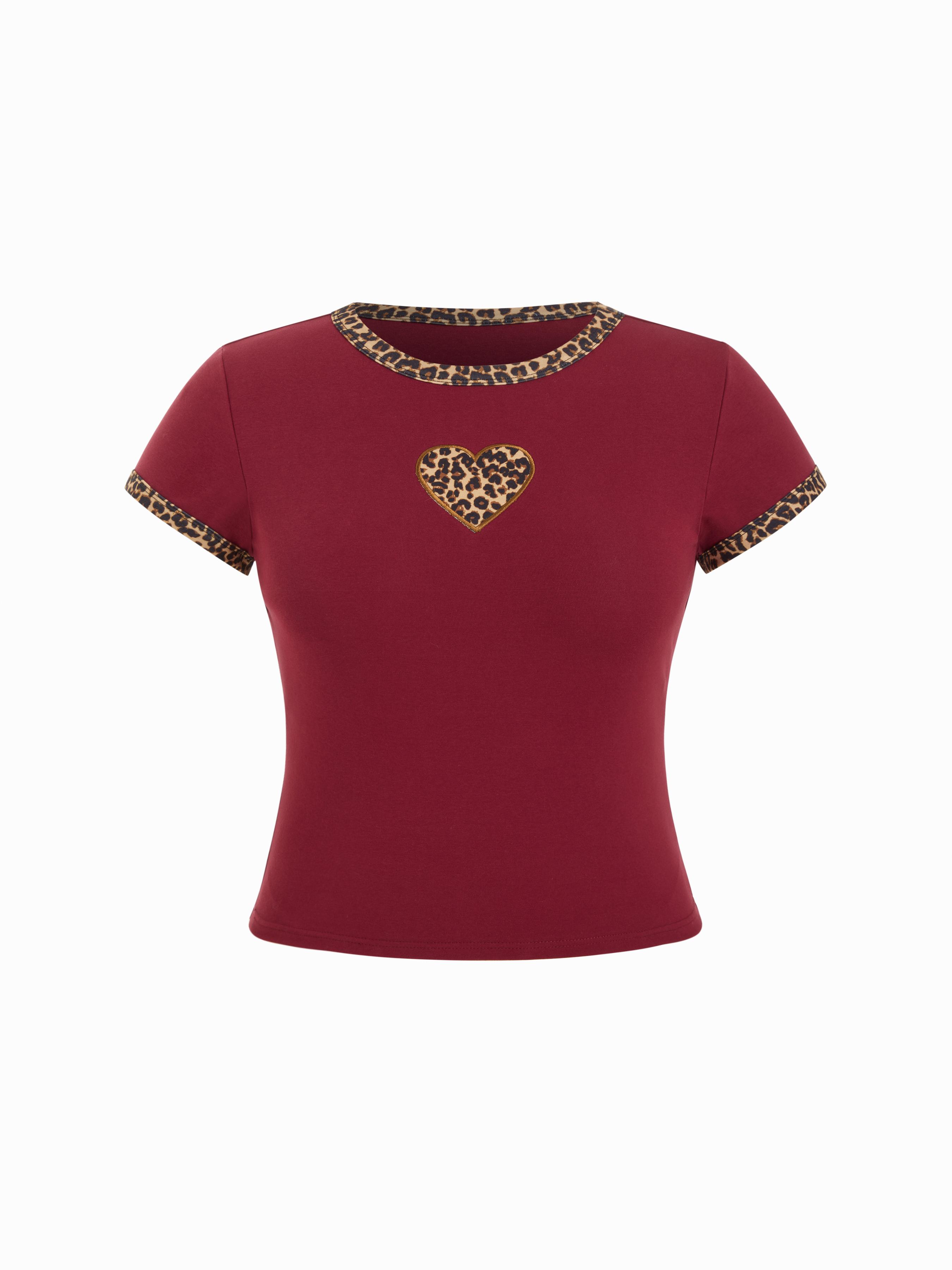 Cotton-blend Leopard Heart Applique Short Sleeve Tee Curve & Plus by CIDER