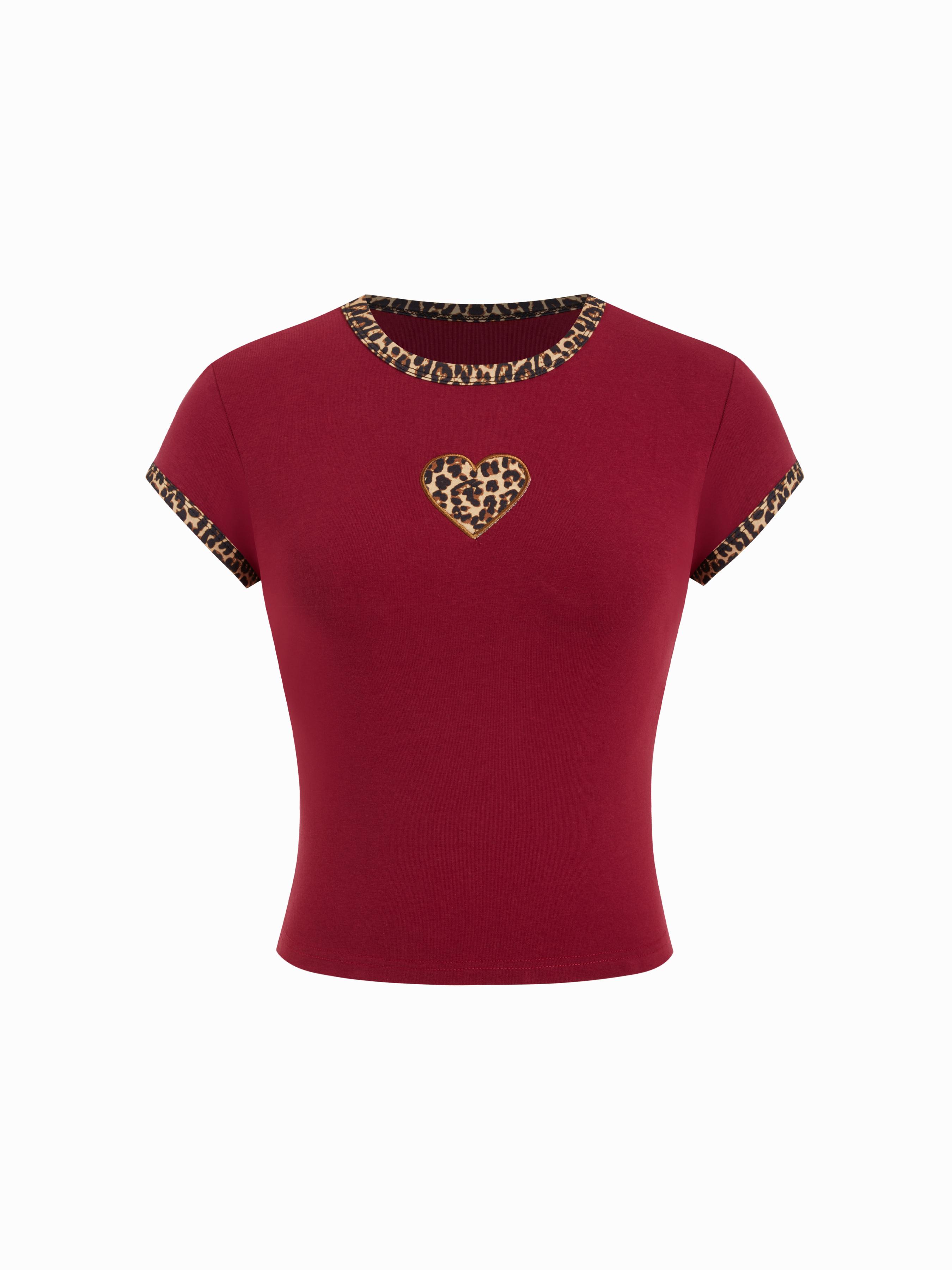 Cotton-blend Leopard Heart Applique Short Sleeve Tee by CIDER