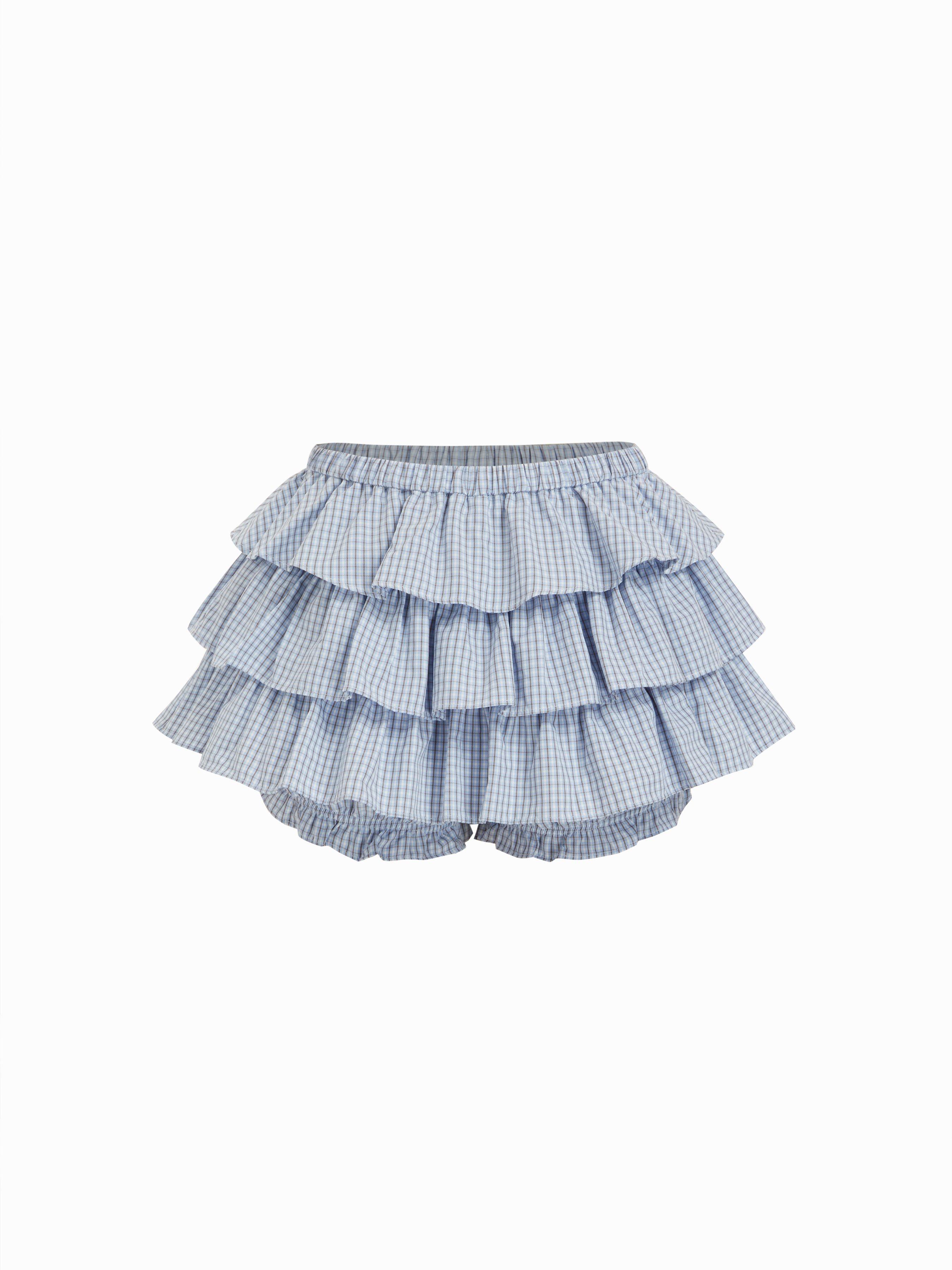 Cotton-blend Low Rise Checks Layered Ruffled Mini Skort by CIDER