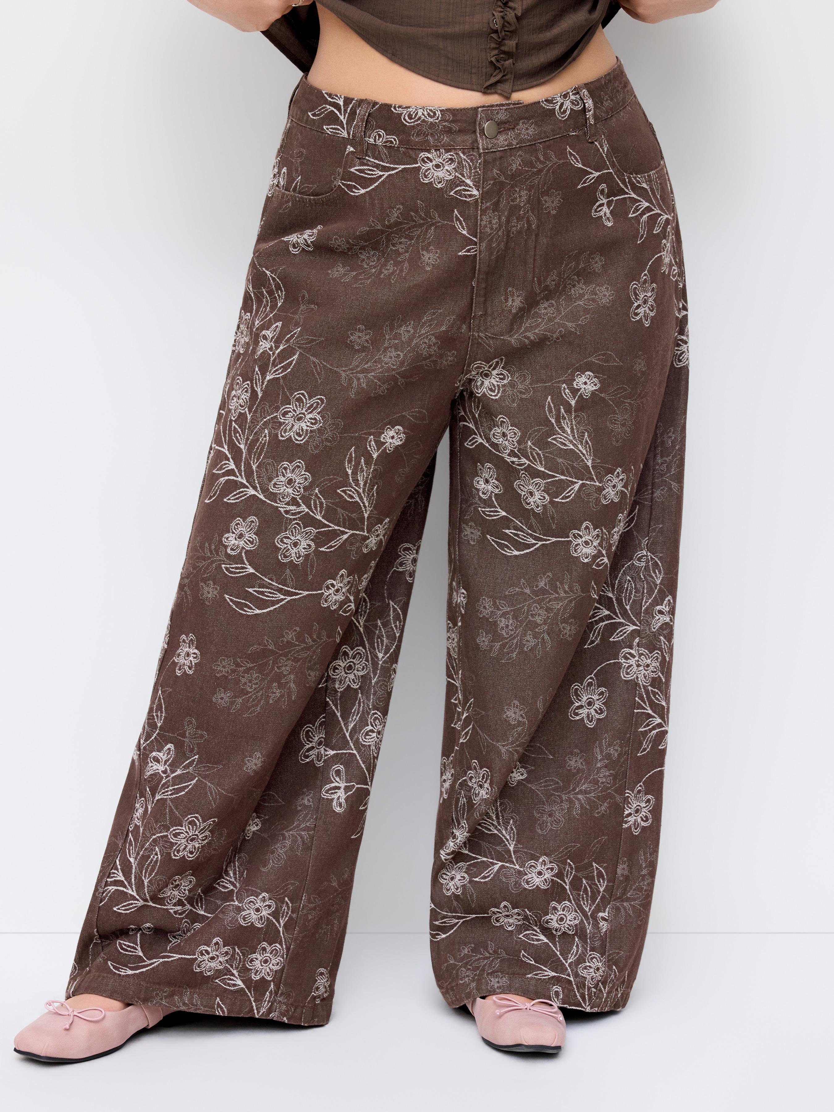Cotton-blend Low Rise Floral Wide Leg Trousers Curve & Plus by CIDER