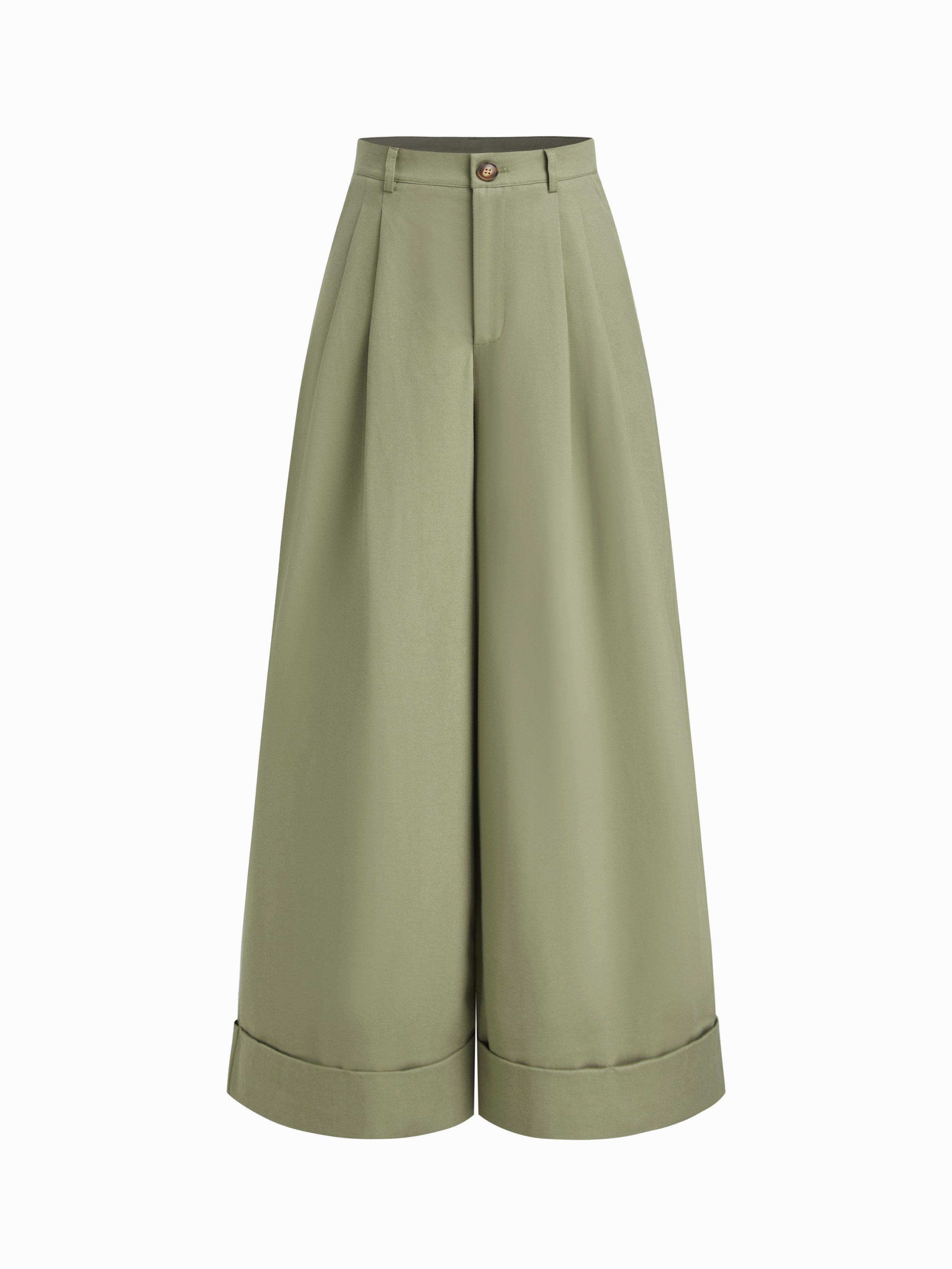 Cotton-blend Low Rise Pleated Roll Hem Wide Leg Trousers by CIDER