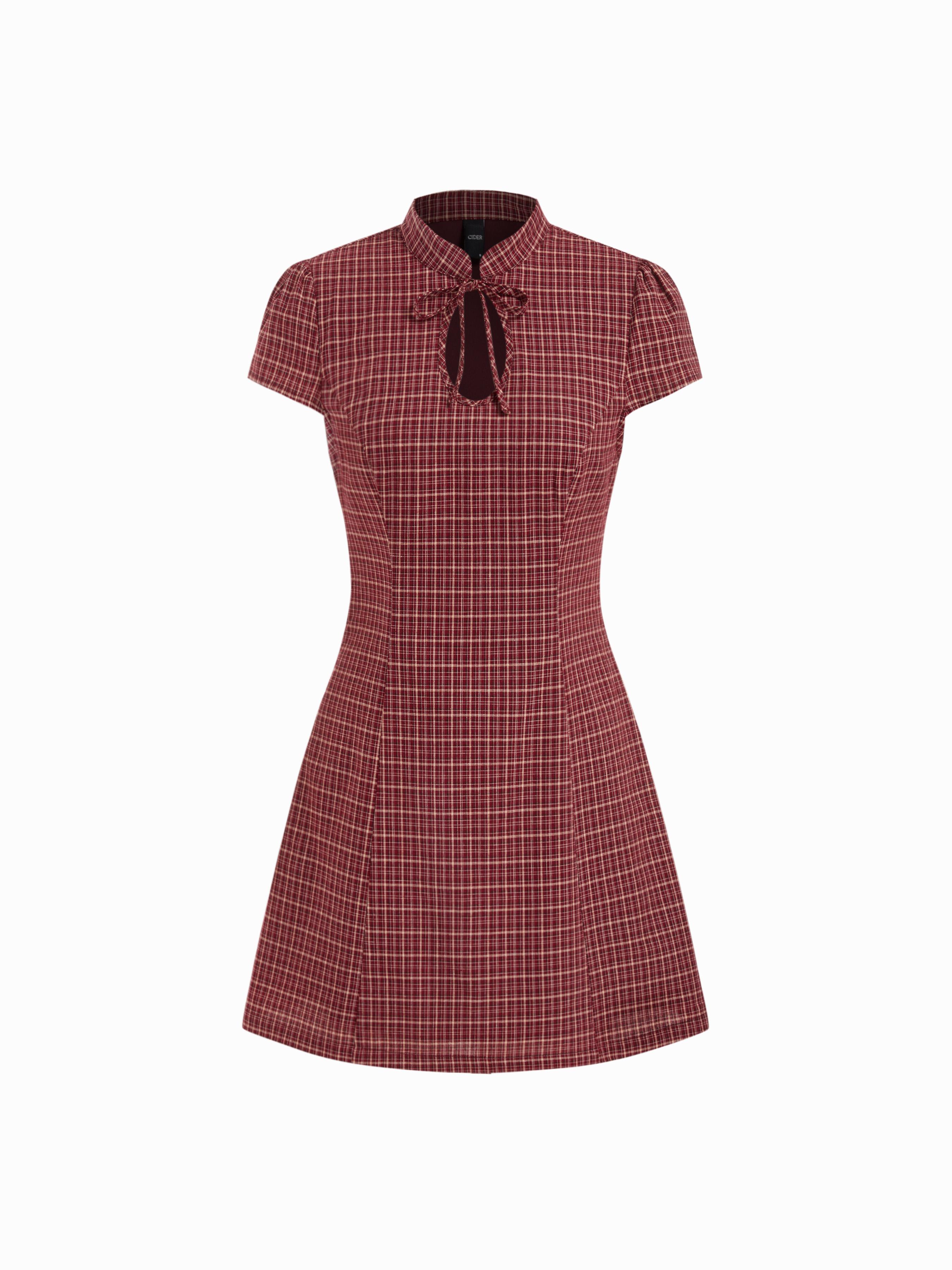Cotton-blend Mandarin Collar Tartan Cut Out Bowknot Puff Sleeve Mini Dress by CIDER Cotton-blend Mandarin Collar Tartan Cut Out Bowknot Puff Sleeve Mini Dress by CIDER