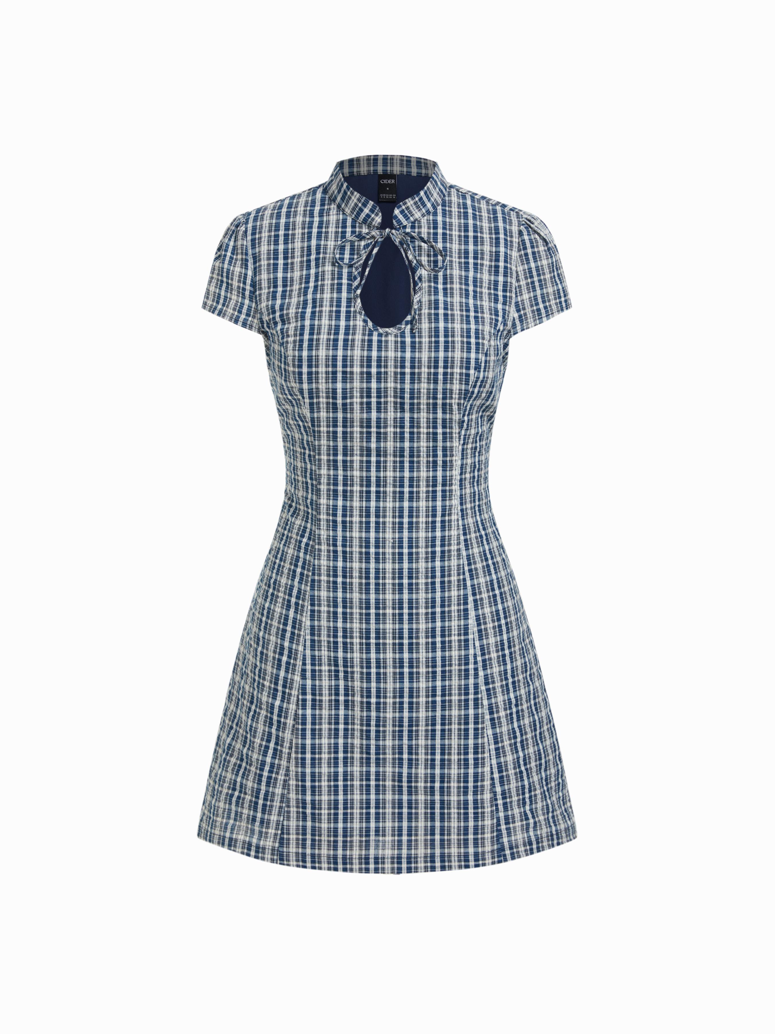 Cotton-blend Mandarin Collar Tartan Cut Out Bowknot Puff Sleeve Mini Dress by CIDER